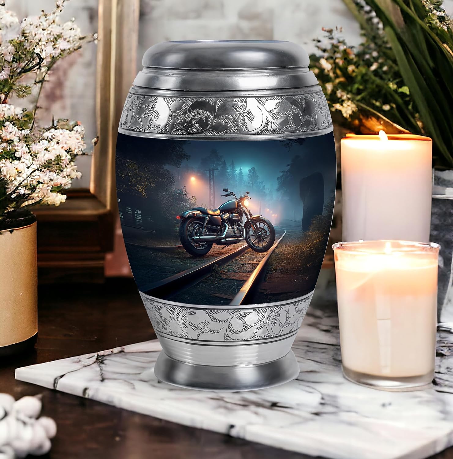 Motorcycle Cremation Urn for Human Ashes Adult Male - Large Blue Burial Urn for Ashes for Women - Nightscape Memorial Funeral Gift for Mom - 10 Inch