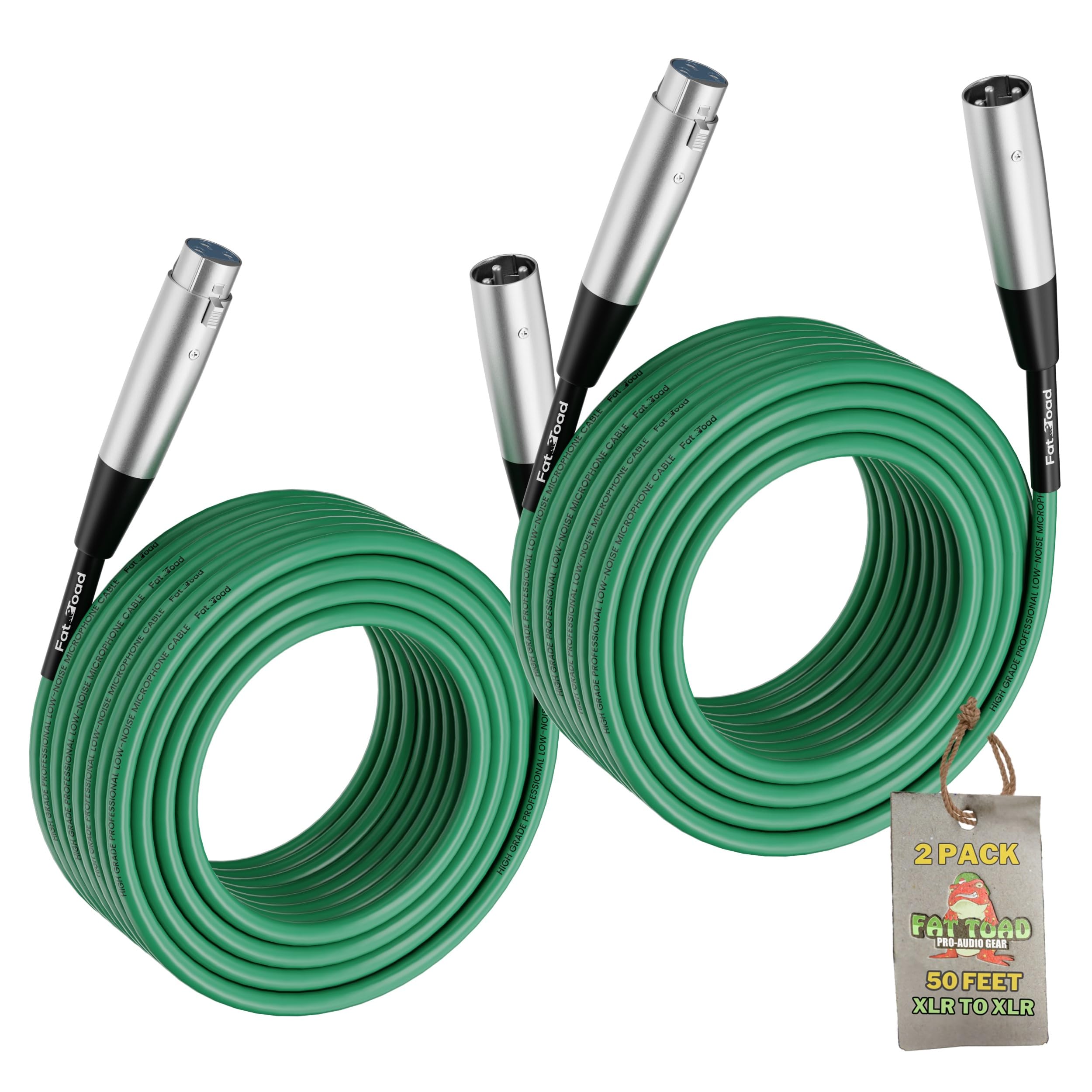 Fat Toad Cavi per microfono XLR da 15,2 m, serie ShieldedPRO X, confezione da 2, cavi patch audio verdi con connettori Lo-Z, cavo 24 AWG per attrezzatura da studio e palco