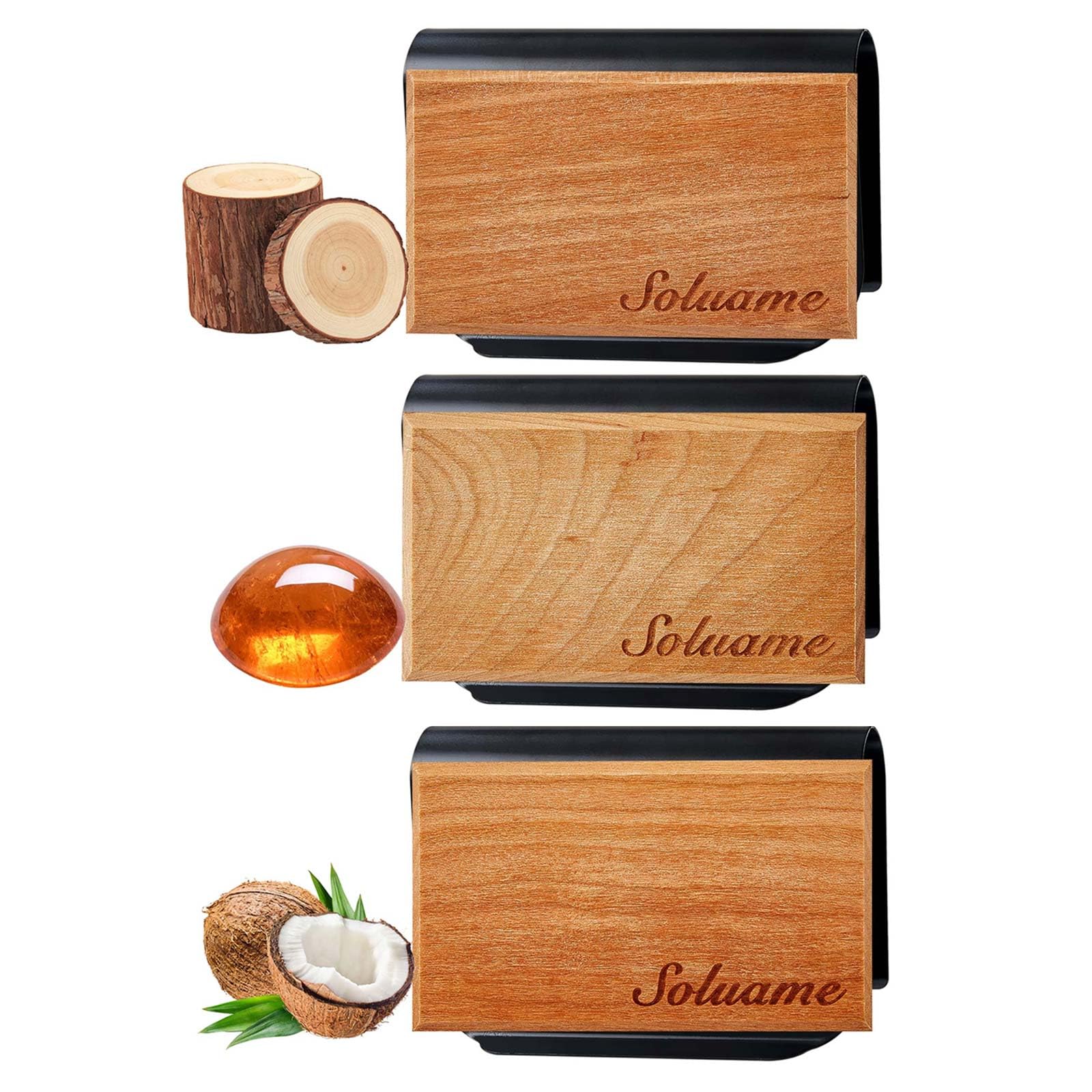 Car Air Freshener, Natural Wood Air Freshener Long Lasting, Car Air Freshener Diffuser with Metal Clip, Magnetic Auto Accessories, Car Odor Eliminator Variety Scent Refill (Teak - Coconut - Amber)