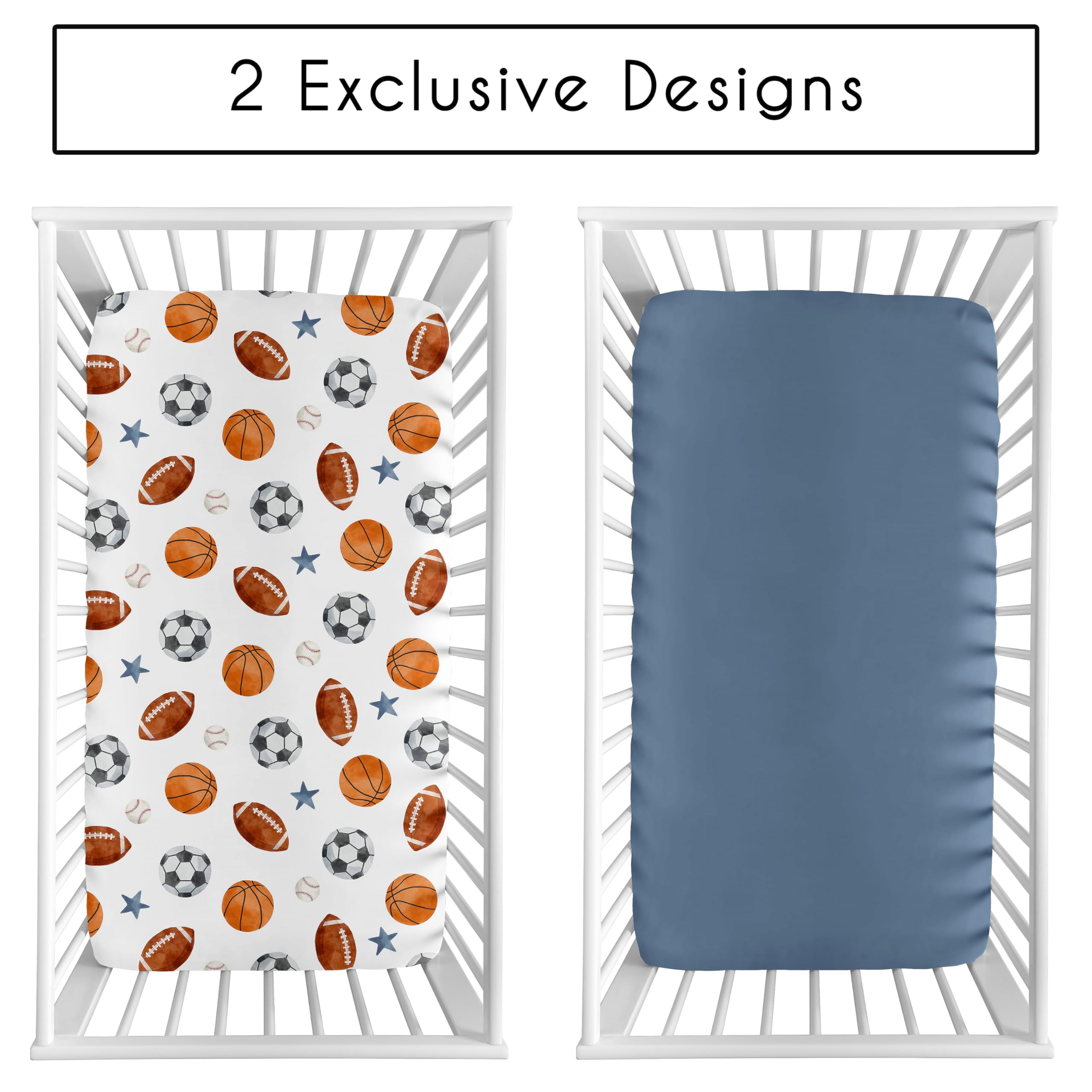 Sweet Jojo Designs Spannbettlaken-Set für Jungen und Babys, für Kleinkinder, Neugeborene, Kinderzimmer, Kleinkinder, Standardmatratze, 2 Stück, massiver Stahl, Blau und Aquarell, Fußball, Baseball