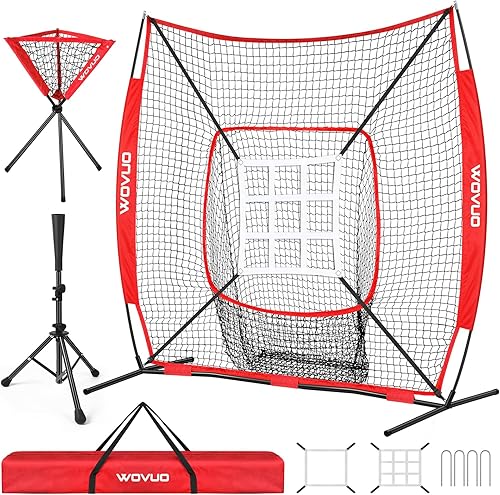 Miniatura 8 de Red de 7x7 pies de béisbol para bateo, lanzamiento y golpeo, red de sóftbol con zona de golpeo, base, carro de pelotas, equipo de entrenamiento