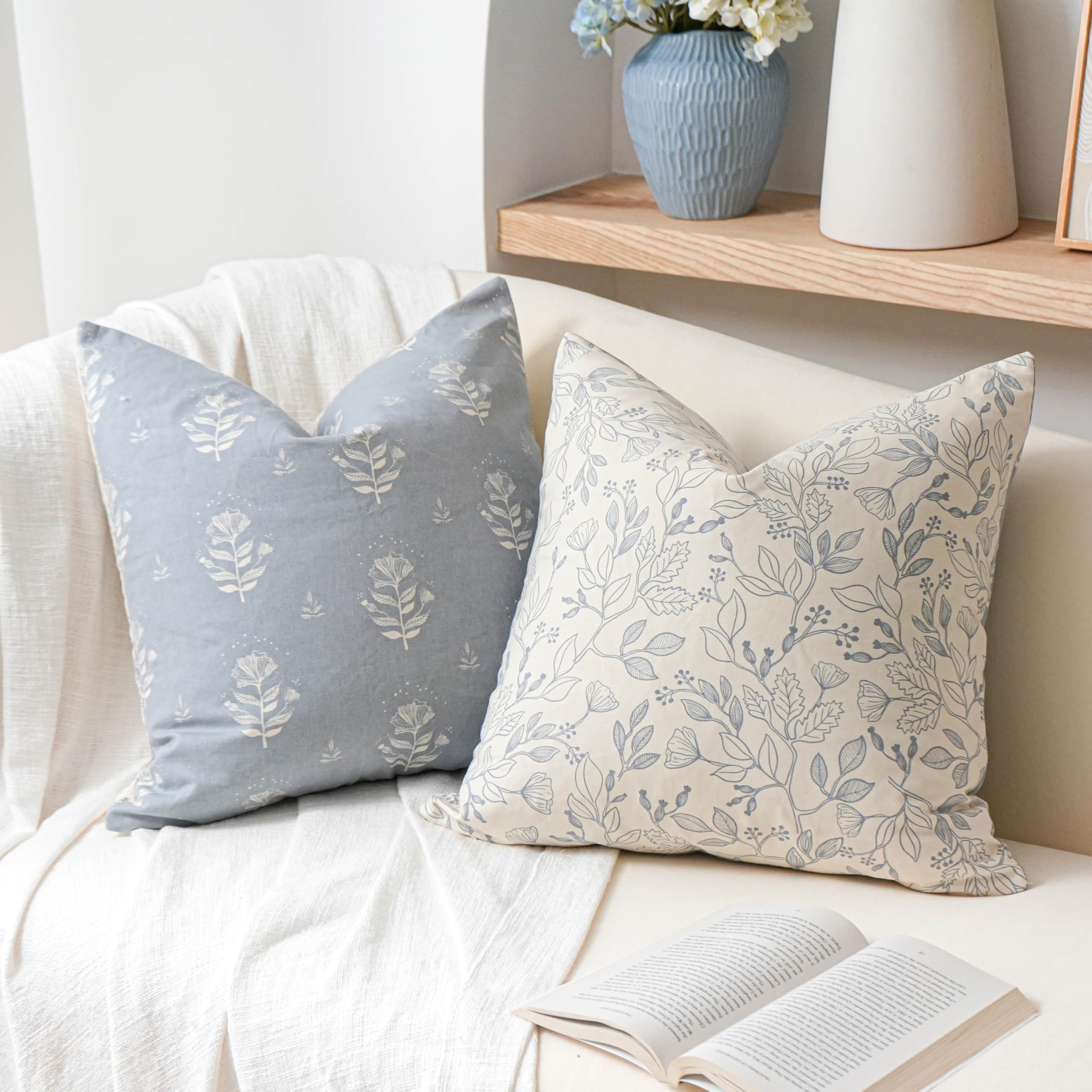 SageSelvas Coastal Blue Farmhouse Decorative Throw Pillow Cover 22x22 Set of 2, Floral Cotton Accent Throw Pillow for Couch Sofa Living Room, Cover