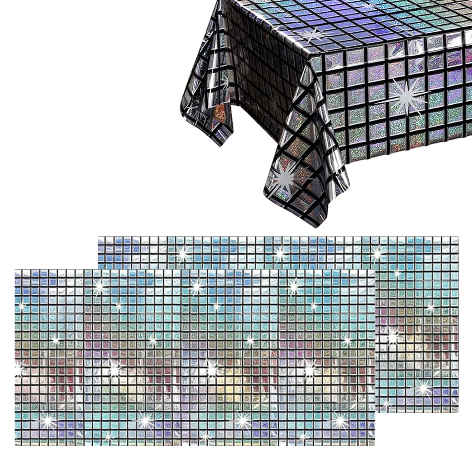 2 Pcs Disco Table Cloth, 270cm Glitter Disco Decorations Party Table Decorations, Happy Birthday Table Cloth, Music Theme Discoparty Decorations for Birthday Christmas Dance Party Tablecloths (Silver)