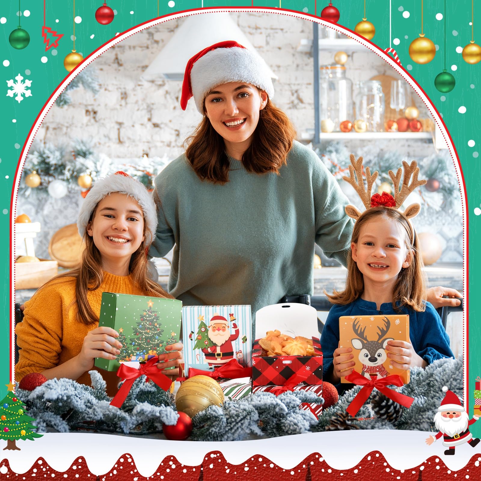 Cholemy 60 Stück Weihnachts-Geschenkboxen mit Deckel, 11,4 x 11,4 x 4,95 cm, Keksboxen mit Schleife, leere Brautjungfernboxen für Weihnachten, Antrag, Urlaub, Geschenkkarte, Schokolade, Basteln,