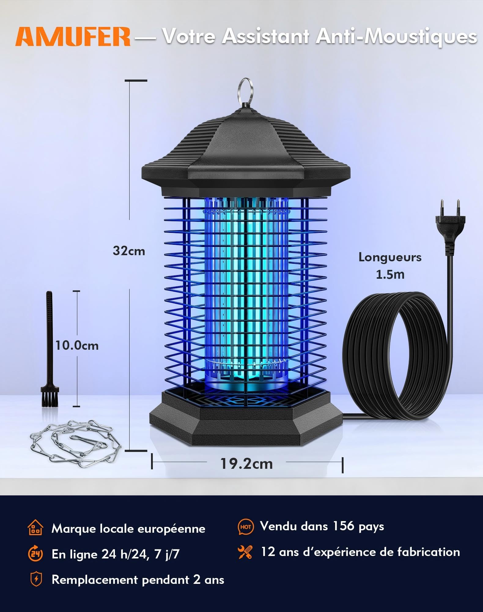 AMUFER Lampe Anti Moustique 18W 4400V Tue-Mouche Électrique IPX4 Étanche Tueur d'Insectes