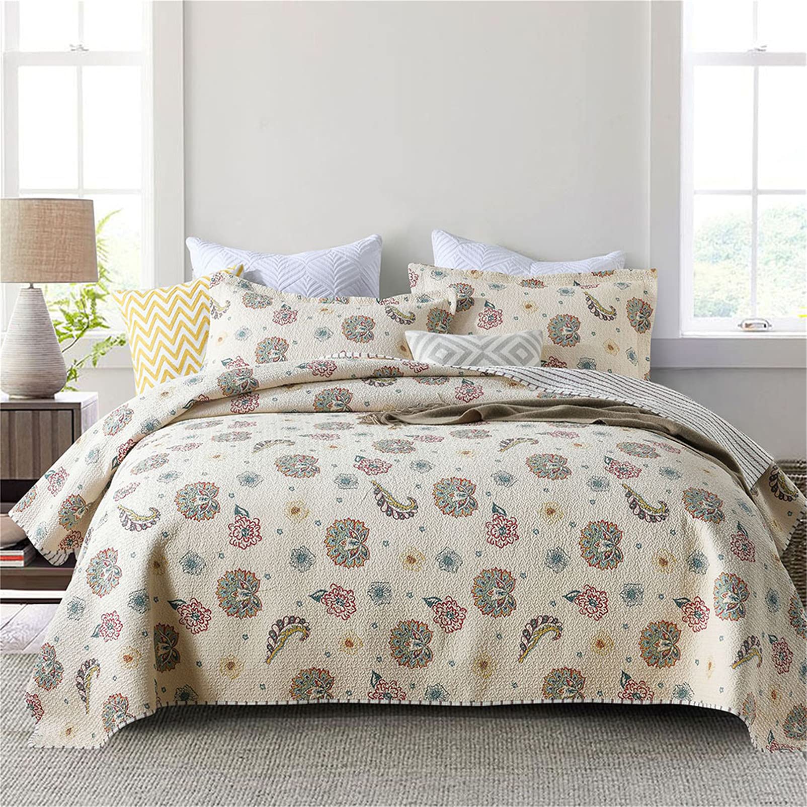 Couvre-lit matelassé léger 90x96 imprimé floral avec 2 taies d'oreiller