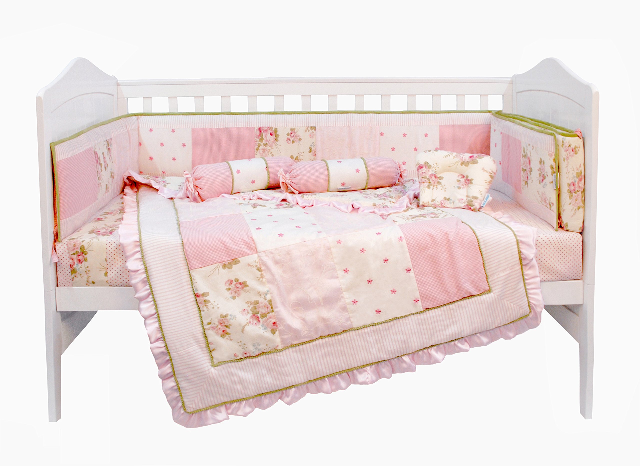 abracadabra 5-Piece Cotton Baby Cot Bedding Set, Includes a Quilt, Flat Sheet, Neck Pillow & Two Bolsters (Vintage) - Light Pink