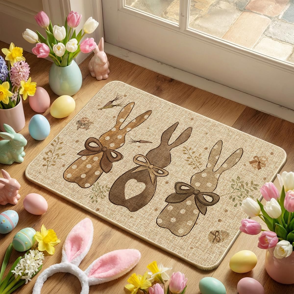 Artoid Mode Bunny Carrots Eggs Happy Easter Doormat, Seasonal Spring Home Decor Low-Profile Rug Door Mat Floor Mat for Indoor Outdoor 24x35 Inch