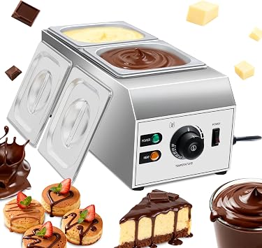 1000W Electric Chocolate Tempering Machine, Commercial Chocolate Melter with 2 Cylinders, Water Bath Heating, Adjustable Thermostat & Indicator Light, Stainless Steel Chocolate Warmer