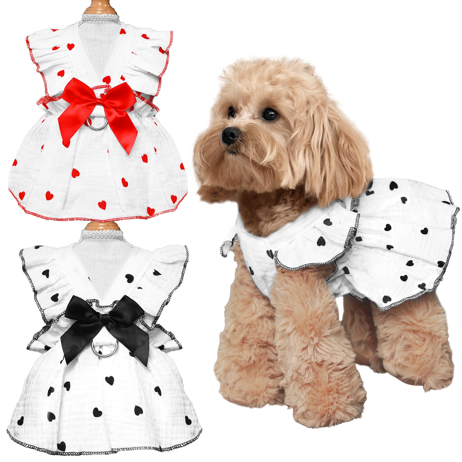 2 Pieces Dog Dress, Pet Clothes for Small Dogs Girl, Cute Heart Print Puppy Sleeveless Dresses with D-Ring, Breathable Pet Outfit Summer Clothes for