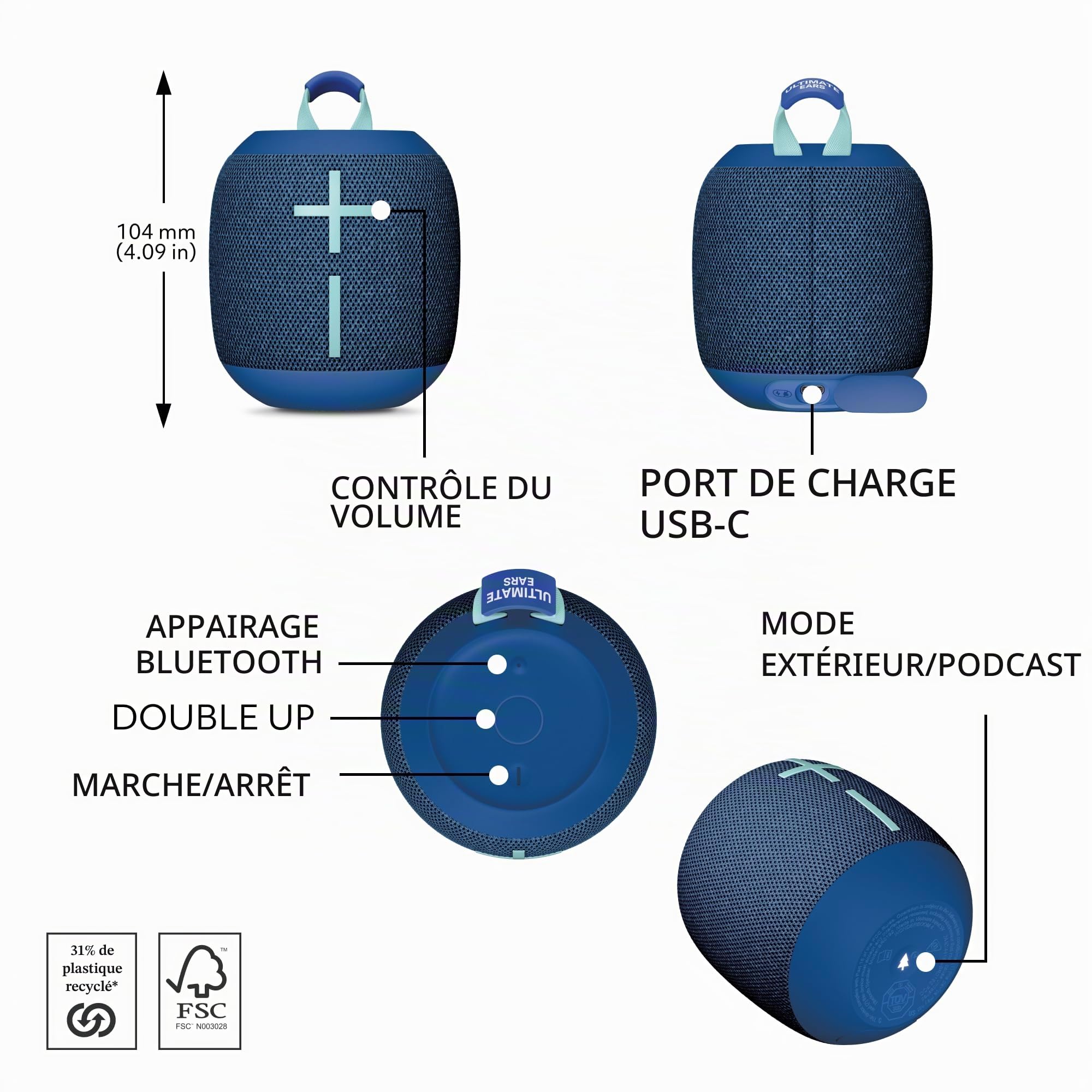 Ultimate Ears Wonderboom 4 Enceinte Bluetooth portable étanche avec son et basses équilibrées à 360 degrés, étanche à la poussière et portée de 40 m, bleu