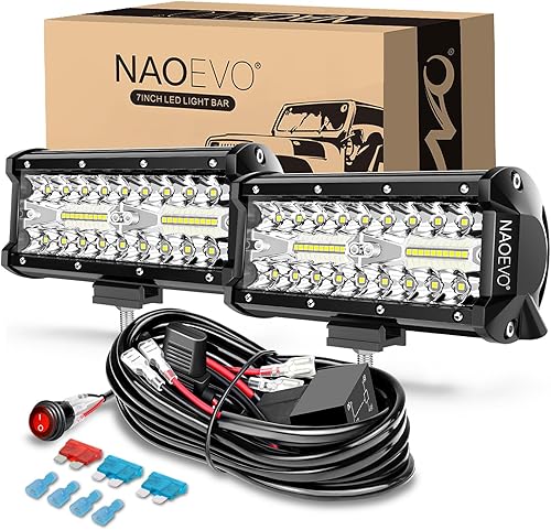 NAOEVO Barra de luz LED de 7 pulgadas, 240 W, 24,000 lúmenes, luces de conducción y niebla para todo terreno, kit de arnés de cableado de 2 cables,