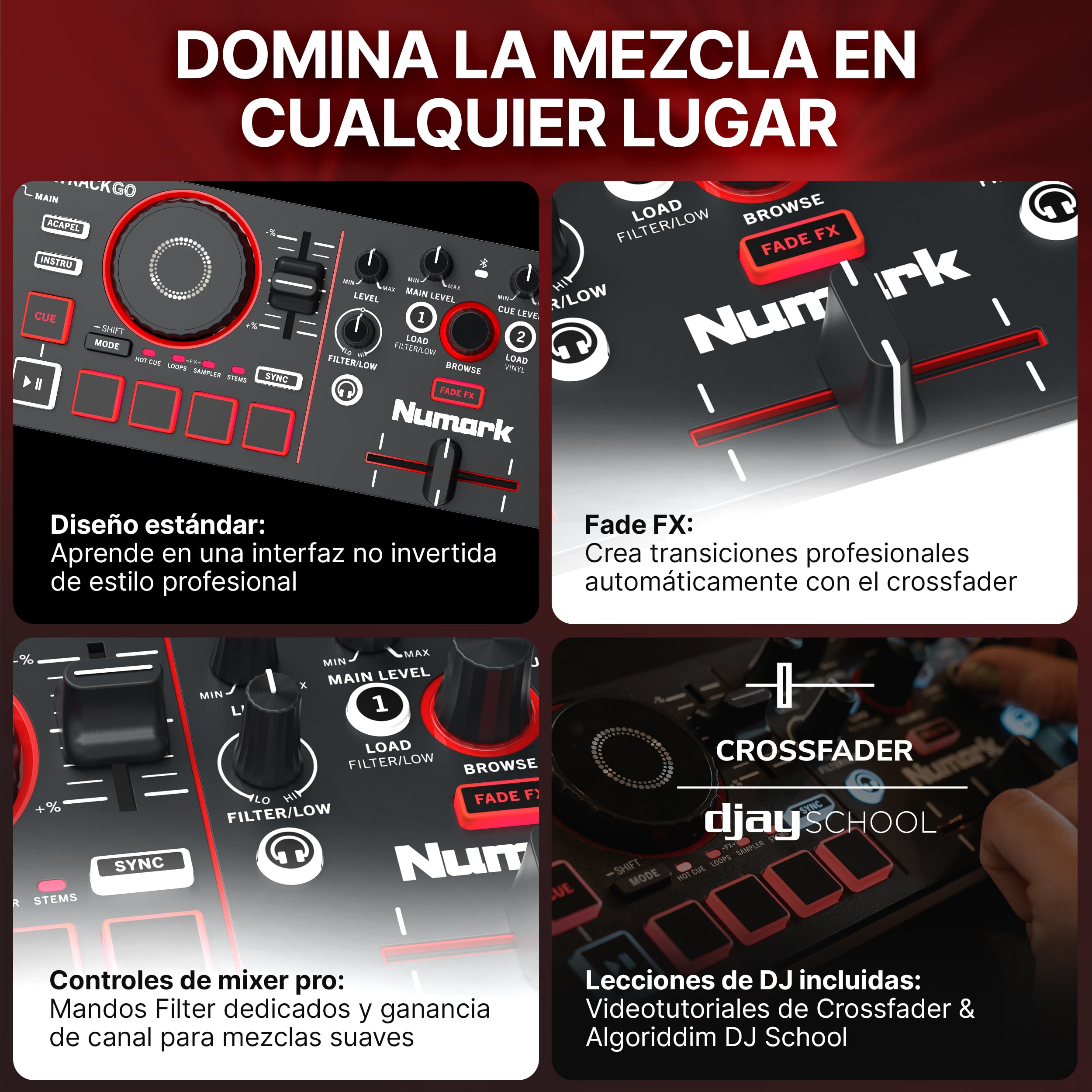 Numark Mixtrack Go Controlador DJ Bluetooth Compacto con Stems Control | Mixer DJ de 2 decks, principiantes y DJs móviles, Smart Fader, USB-C, Serato DJ Lite & Algoriddim djay, Gen 4