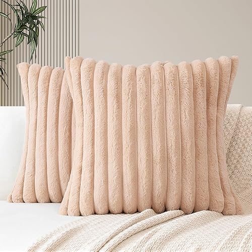 OTOSTAR Juego de 2 fundas de almohada decorativas de felpa de piel sintética de doble cara de 18 x 18 pulgadas, mullidas y suaves a rayas, para