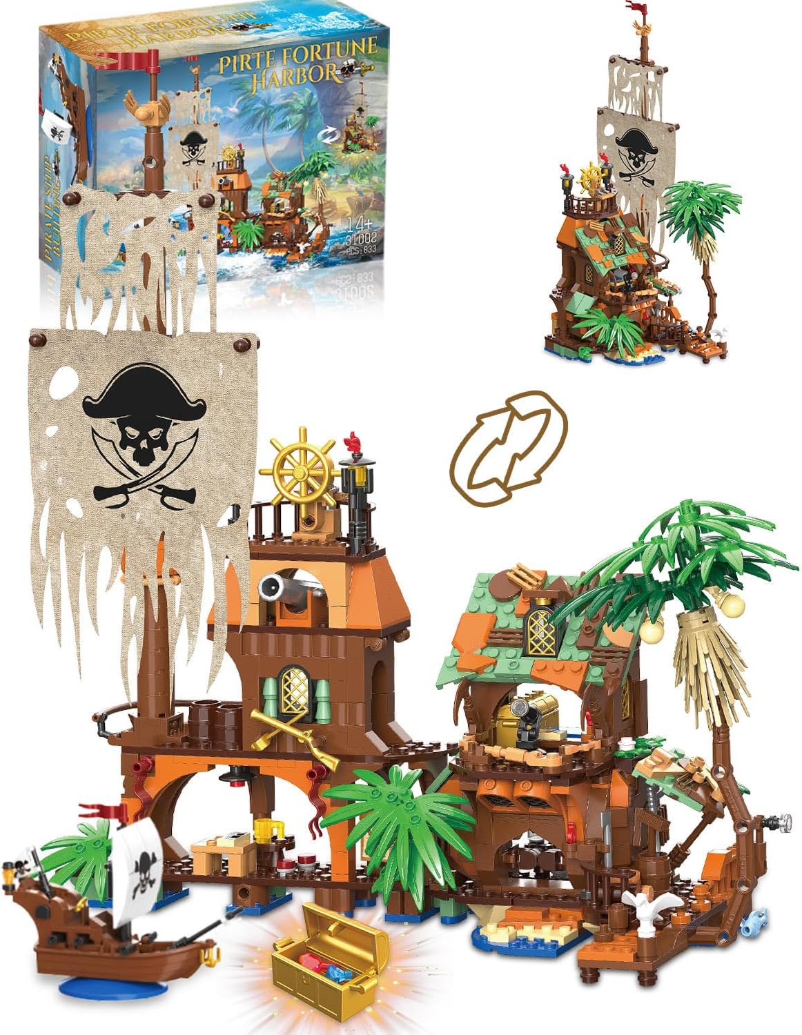 Pirate Ship Building Kit, 2-in-1 Pirate Wharf Building Set for Adults, Building Toys Gift for Kids Boys 8-12, Compatible with Lego Pirate Ship, 833 PC