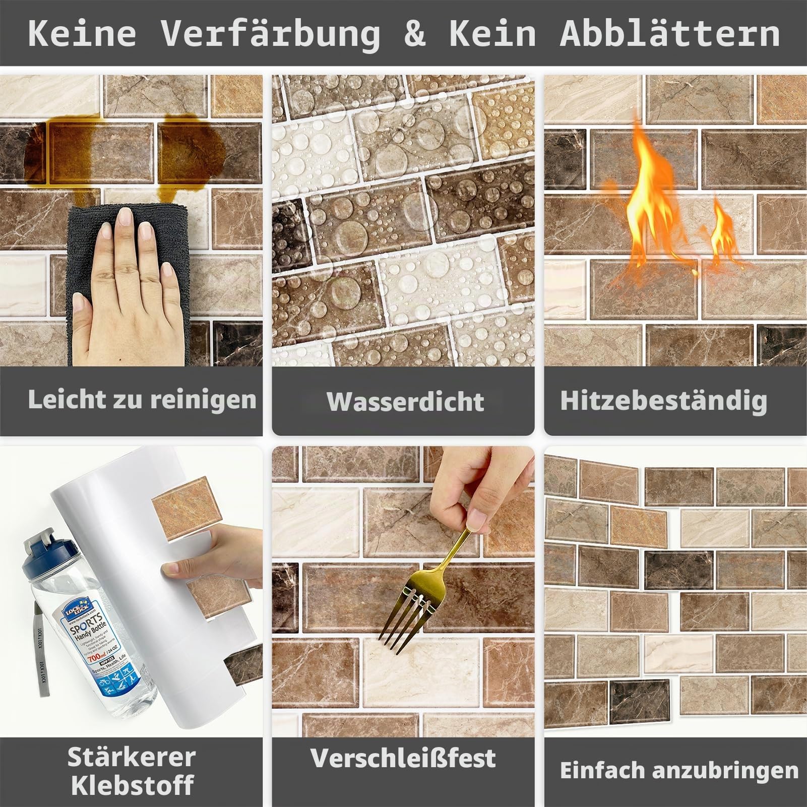URCOLOR 10 Blatt Wandfliesenaufkleber Selbstklebende Wandfliesen für Küche Badezimmer 30x30 cm Spritzschutz Braun
