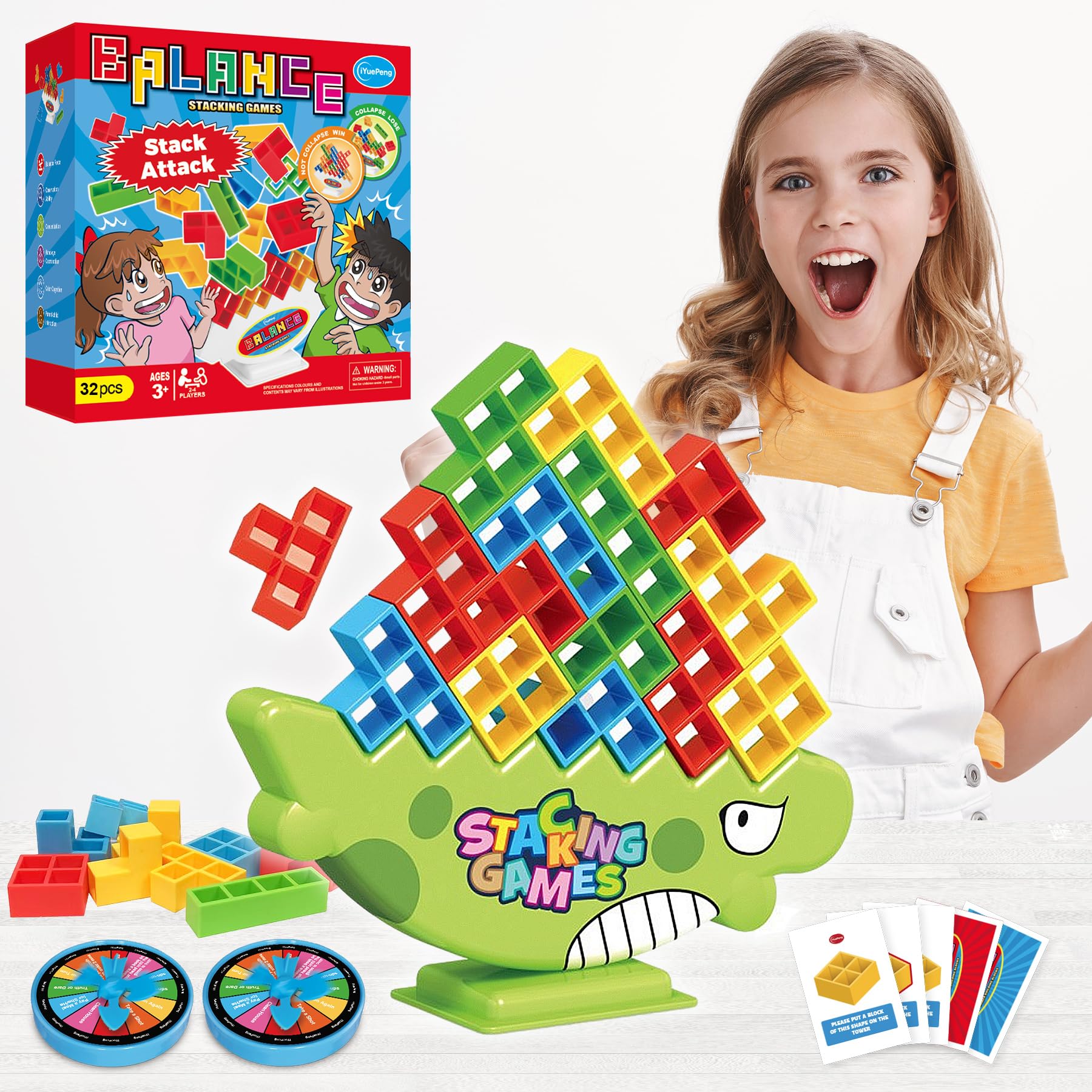 Photo 1 of iYuePeng 32Pcs Dinosaur Stack Attack Building Balance Game, Swing Stack Board Game with Cards for Kids Age 3+, Drop The Pile of Blocks Toys for Kids & Adult, 2 Players, Family, Parties, Travel 32pcs Dino Tower