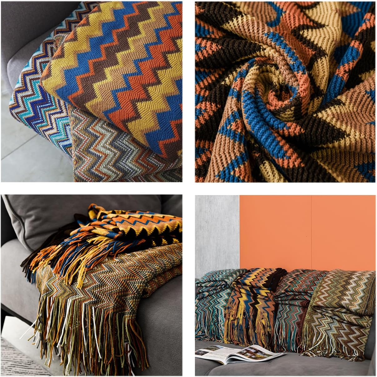 Bohemian National Style Office nap Blanket Knitted Blanket Sofa Blanket, Bohemian Decorative Summer Throw Blanket, Colorful Striped Blanket (Blue, Small)