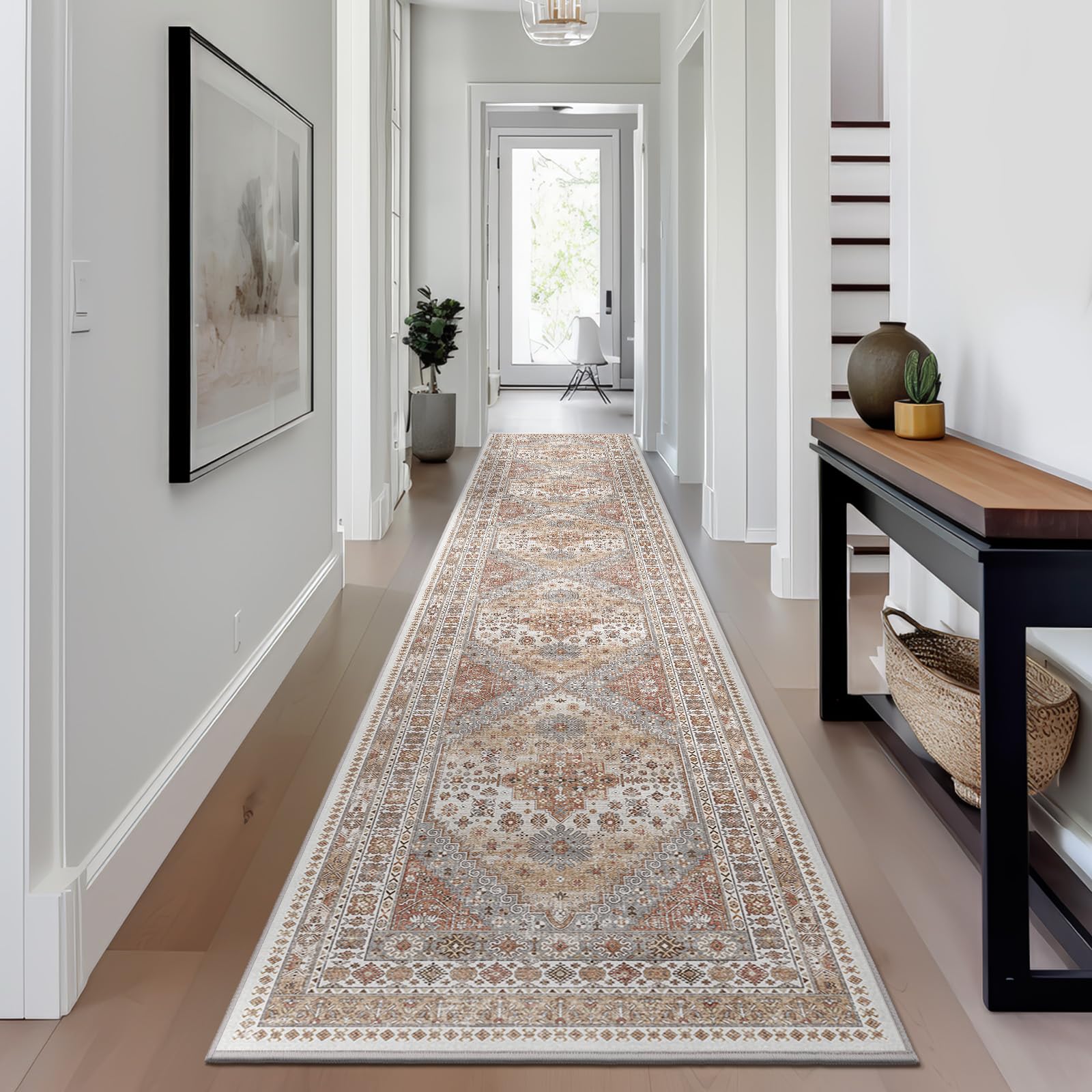 hallway runner rug 2x12, extra long washable runner rugs with rubber backing, non slip runner, vintage rug runners for kitchen laundry room entryway (orange,2'x12')