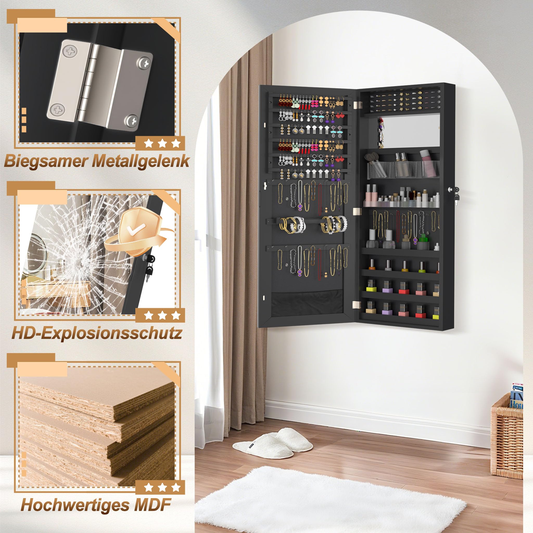LZQ Schmuckschrank mit Spiegel Hängend Spiegelschrank Abschließbar Wandschmuckschrank 2-in-1 Schmuckaufbewahrung Türspiegel Wandspiegel Schmuck-Organizer, 107,5 x 36,5 x 9,5 cm, Schwarz