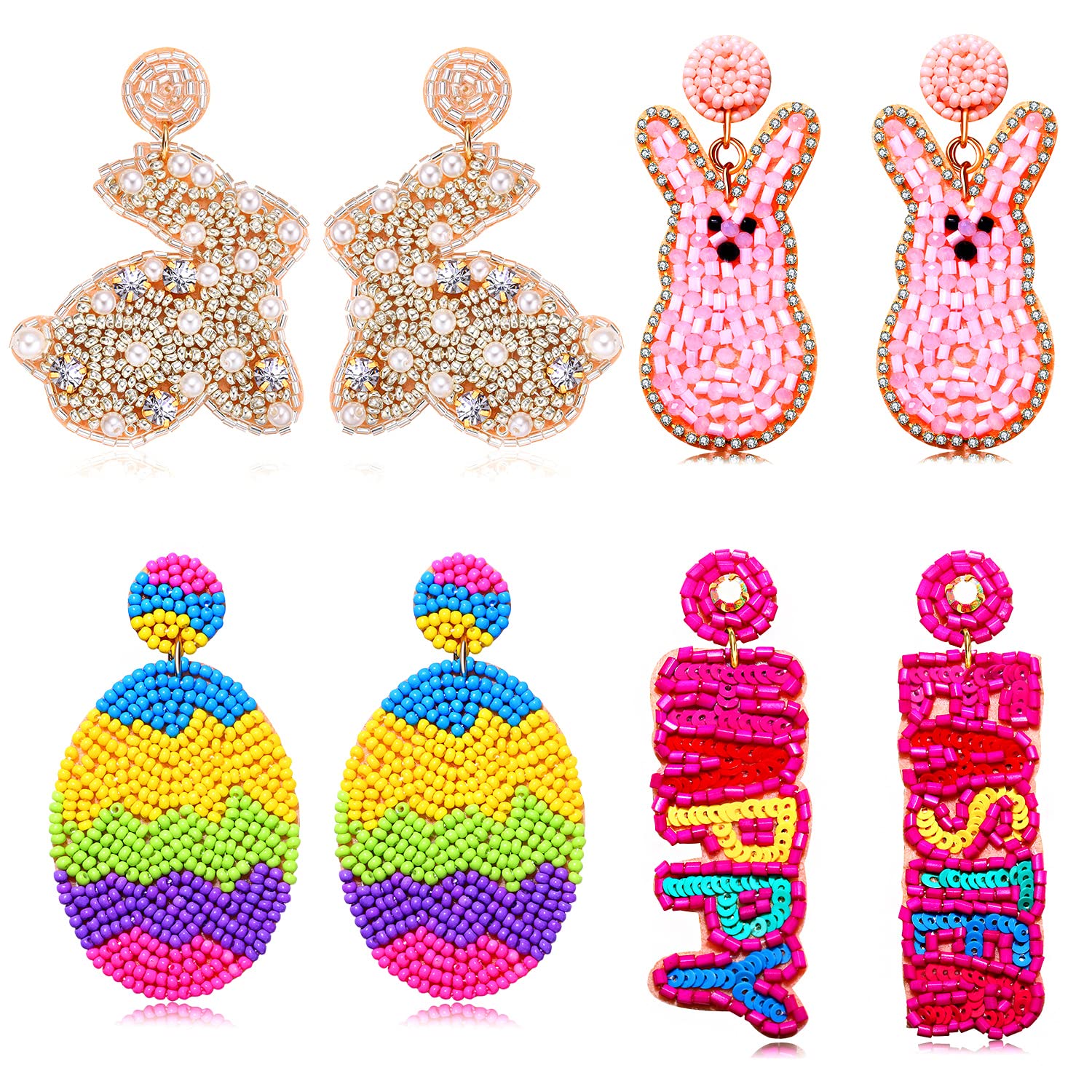 4 Pairs Easter Earrings for Women, Beaded Rabbit Bunny Earrings Colorful Easter Egg Earrings, Spring Holiday Earrings Handmade Easter Accessory