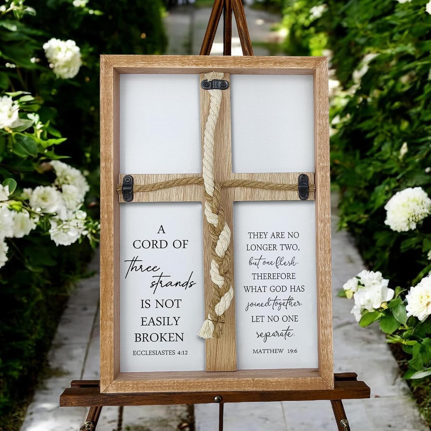 A Cord of Three Strands Wedding Ceremony Sign, 15x10 Inch Braid Knot Rope Wood Frame Wall Decor for Unity Ceremony Ideas, Christian Wedding Gifts for Couple Anniversary, Natural
