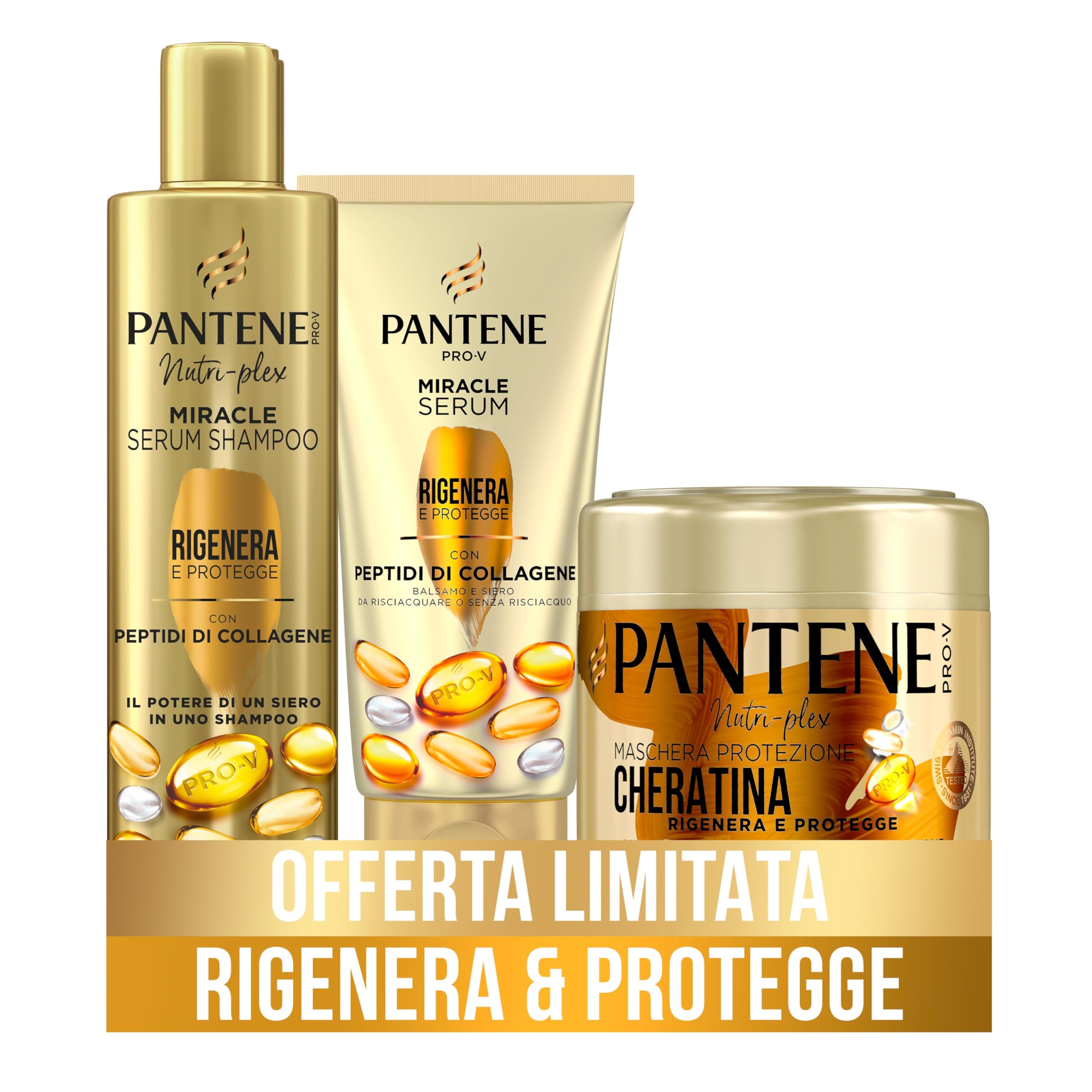 Pantene Pro-V Miracles, Protezione Cheratina, Rigenera E Protegge, Set Regalo: Serum Shampoo 250ml, Balsamo Siero 200ml, Maschera 300ml, Con Peptidi Di Collagene, Per Capelli Deboli E Danneggiati Modello attuale