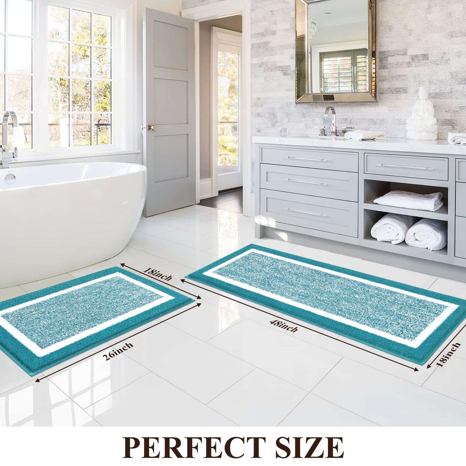 Pauwer Set di 2 tappeti da bagno antiscivolo, per bagno, assorbenti, lavabili in lavatrice, per pavimento del bagno, vasca e doccia, colore: blu acqua