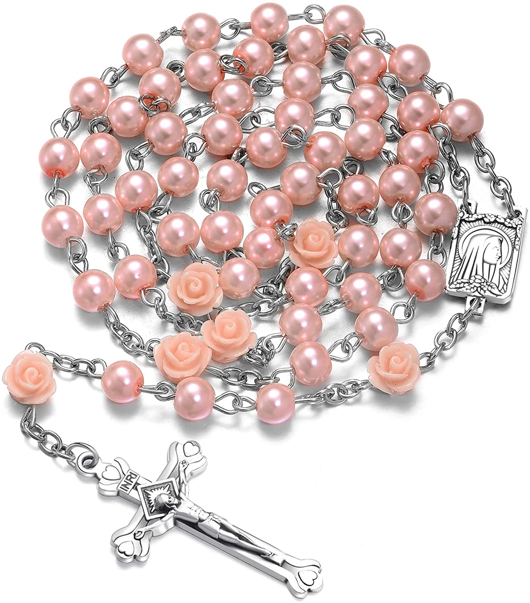 SZQCZB Rosary Beads Catholic Necklace Holy Soil Medal Cross Crucifix with Metal Box and 18pcs Prayer Cards, Zinc, No Gemstone