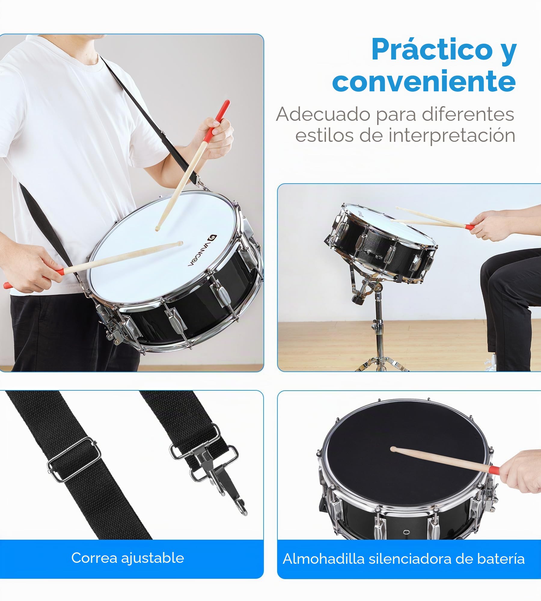 Vangoa Caja Tambor Kit Con Soporte,Snare Drum Para Adultos, Principiantes, Caja Bateria Percusion Instrumento,Marching Tambor De Marcha 14 X 5.5 Pulgadas, Negro