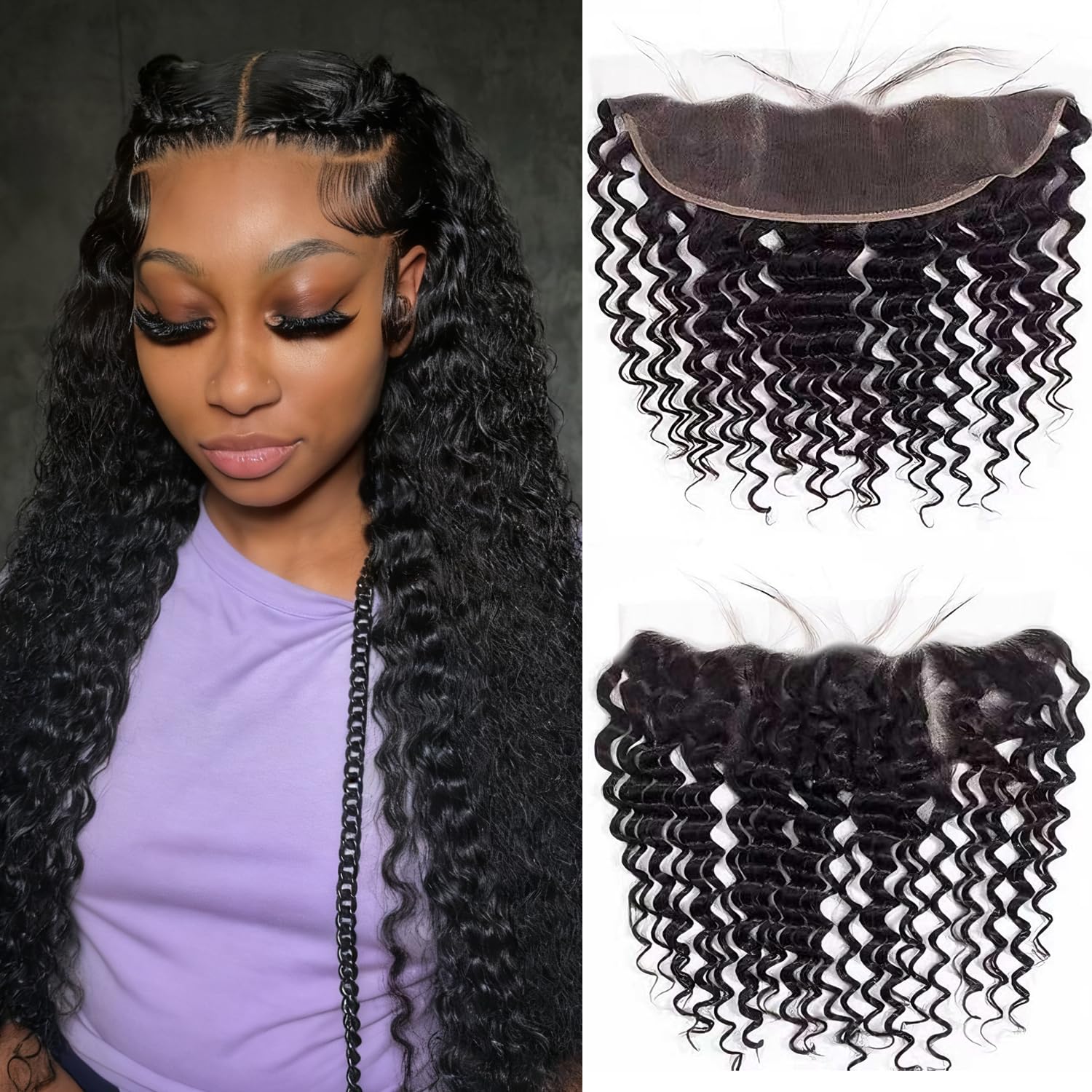 13x4 Lace Frontal Closure Deep Wave Frontal Ear to Ear HD Lace Frontal 16 Inch Brazilian Virgin Human Hair Frontals Closure Pre Plucked with Baby Hair 150% Density Natural Black