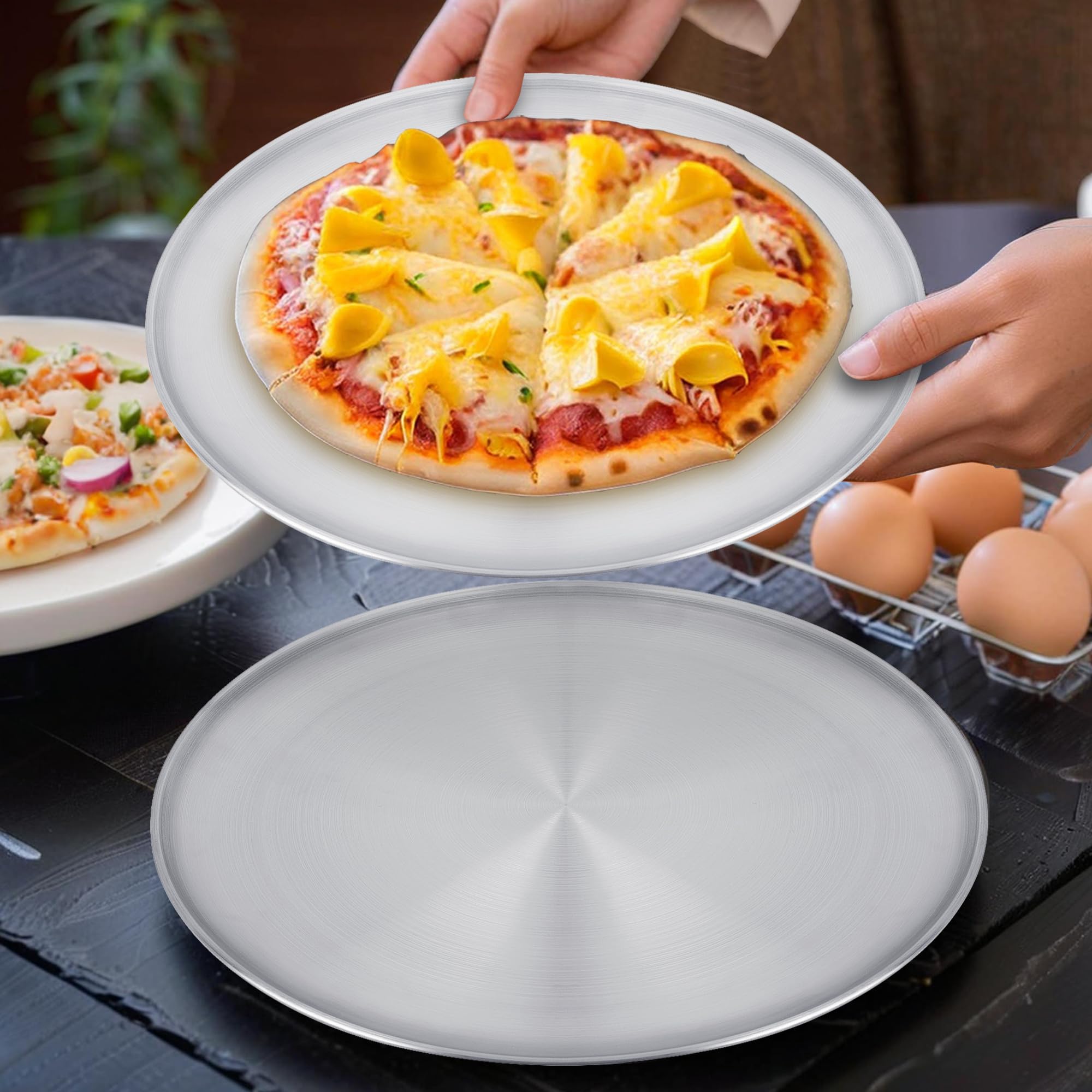 Sartén para pizza de 13½ pulgadas para horno, antiadherentes, grandes, redondas, de acero inoxidable, bandeja de pizza duradera y no tóxica para galletas, pastel de pizza, fácil de limpiar y 8