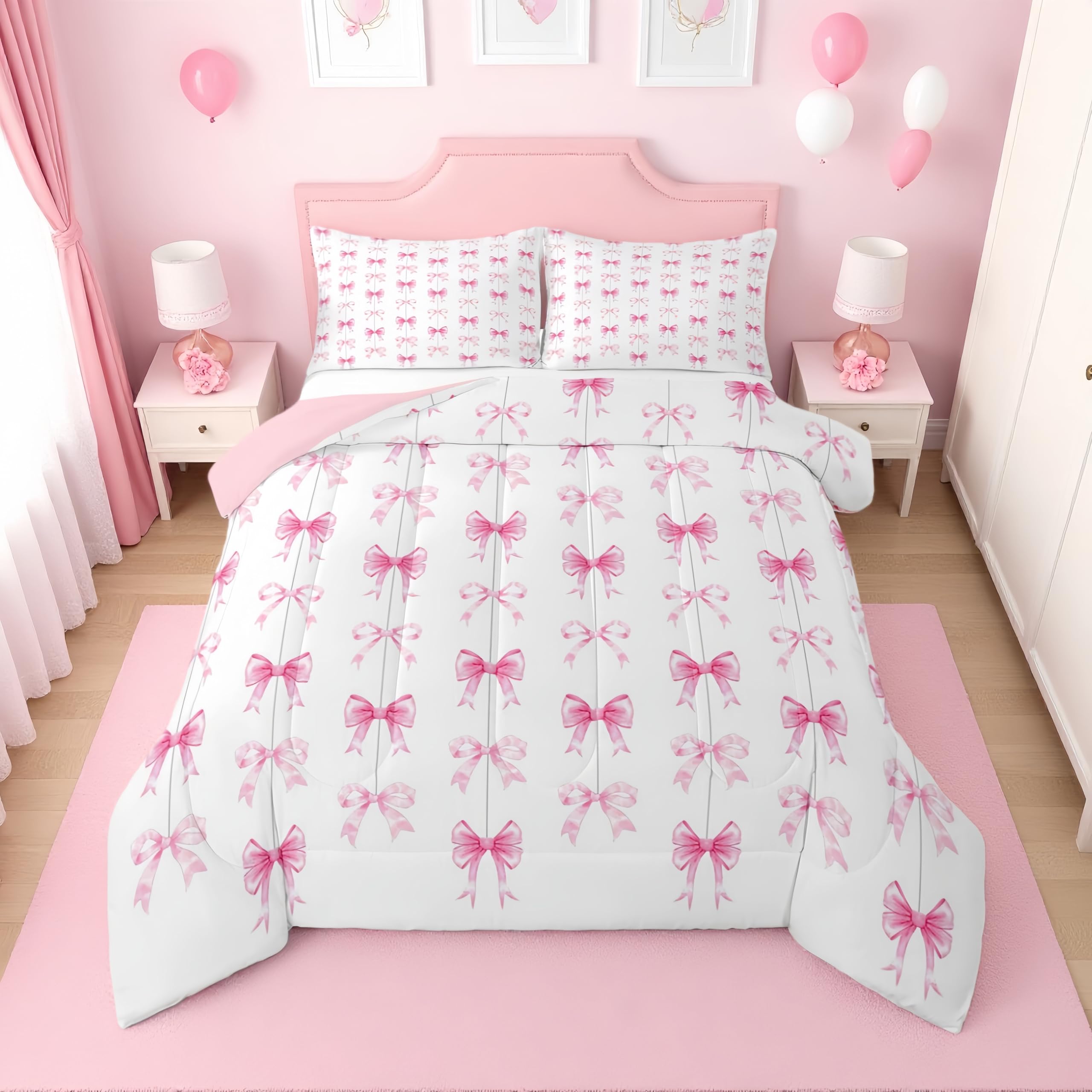 Erosebridal Pink Bow Full Comforter Set for Girls | Coquette Bow Tie Bedding Set for Kids Women, Pink Ribbon Bows Kawaii Quilt, Cute Princess Bowtie Bedroom Decor, 2 Pillowcases