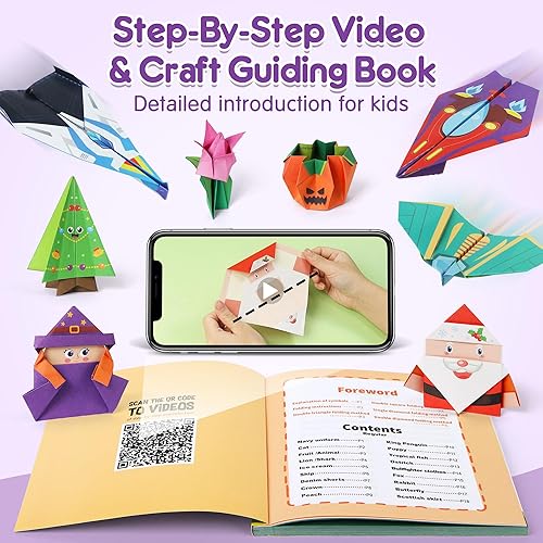 Miniatura 10 de Mocoosy Kit de manualidades de papel de origami de 224 hojas para niños, papel plegable cuadrado de color de doble cara con 72 patrones y libro guía