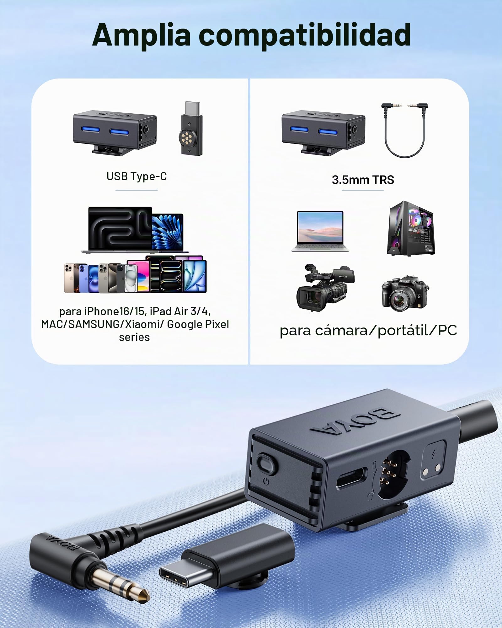 BOYA BOYALINK 3 - Micrófono Lavalier inalámbrico para iPhone/Android/cámara/PC/tabletas, cancelación de Ruido IA, Sonido de Estudio de 48 kHz/24 bits, Control de aplicación, batería de 980 pies y 30