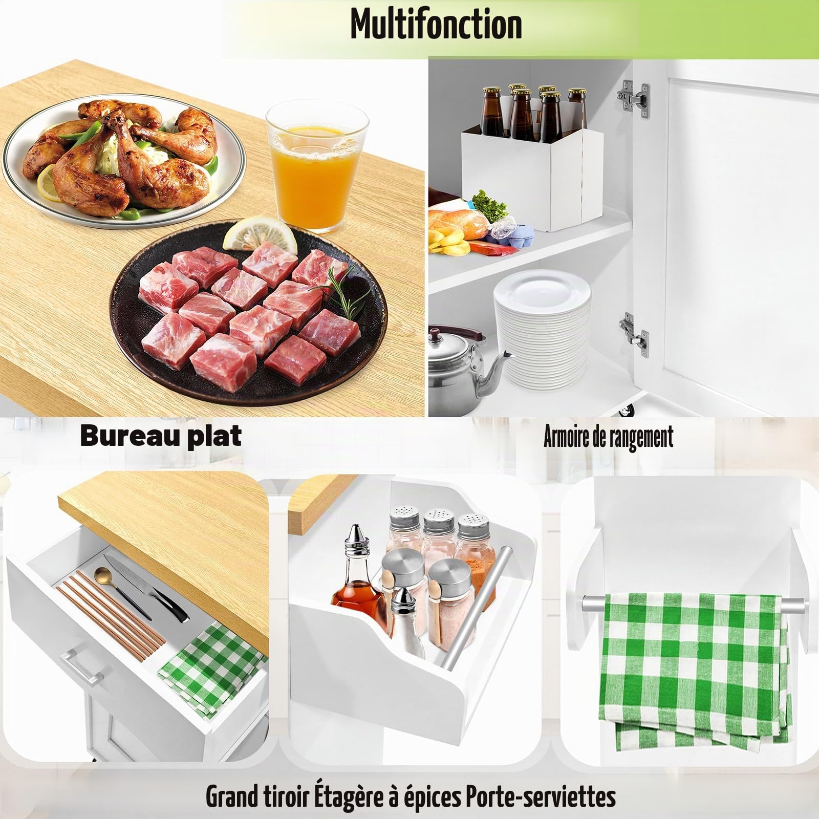 Chariot de cuisine sur roulettes, îlot de cuisine avec plan de travail, armoire de cuisine, chariot d'appoint avec porte, 115 x 36 x 90 cm, blanc