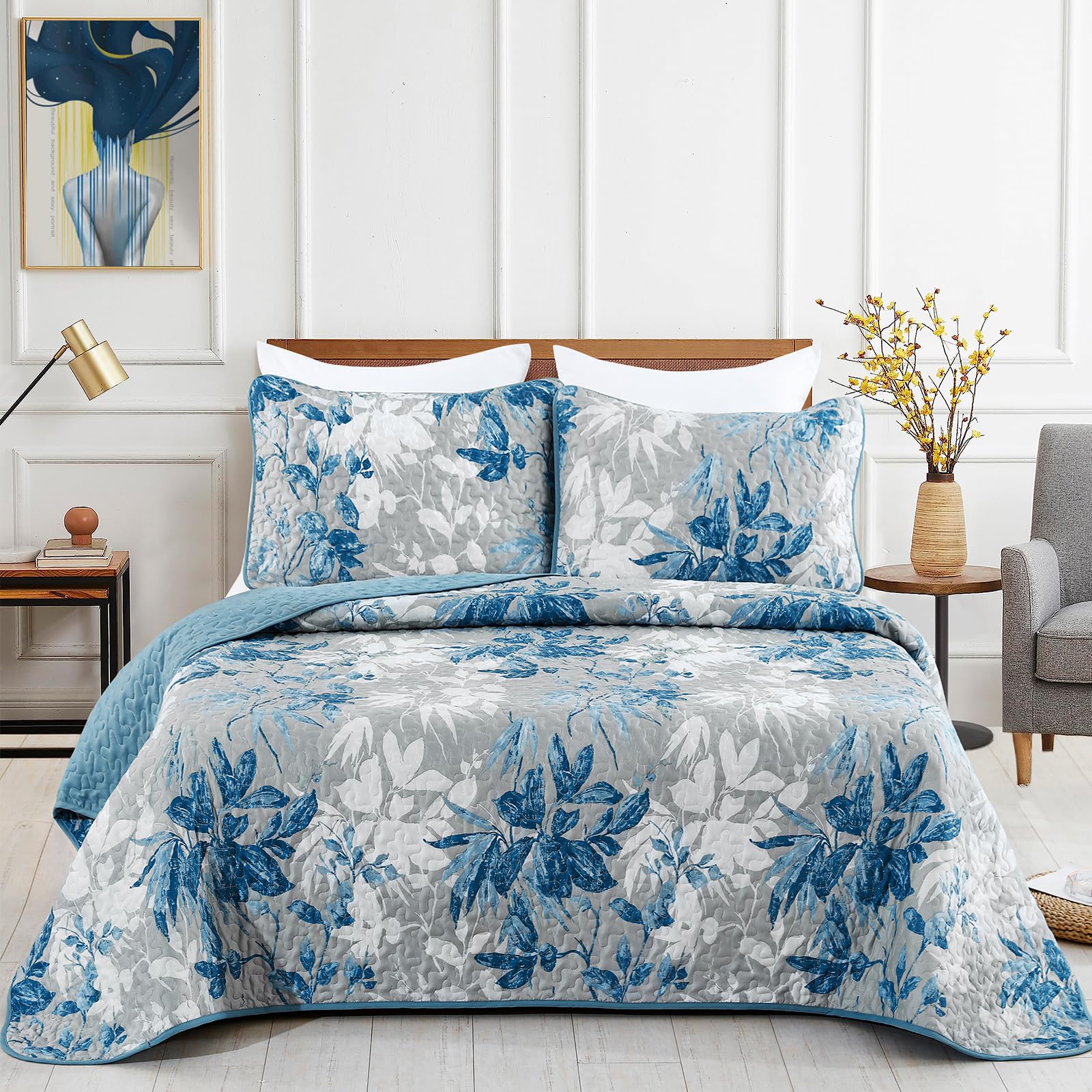 Quilt Set Queen Size Blue and White,3 Piece Floral Bedspreads Coverlet Set,Fall Blue Botanical Branch Bedding Set with 2 Pillow Shams Soft Lightweight Microfiber Blue Quilt Bed Cover for All Season
