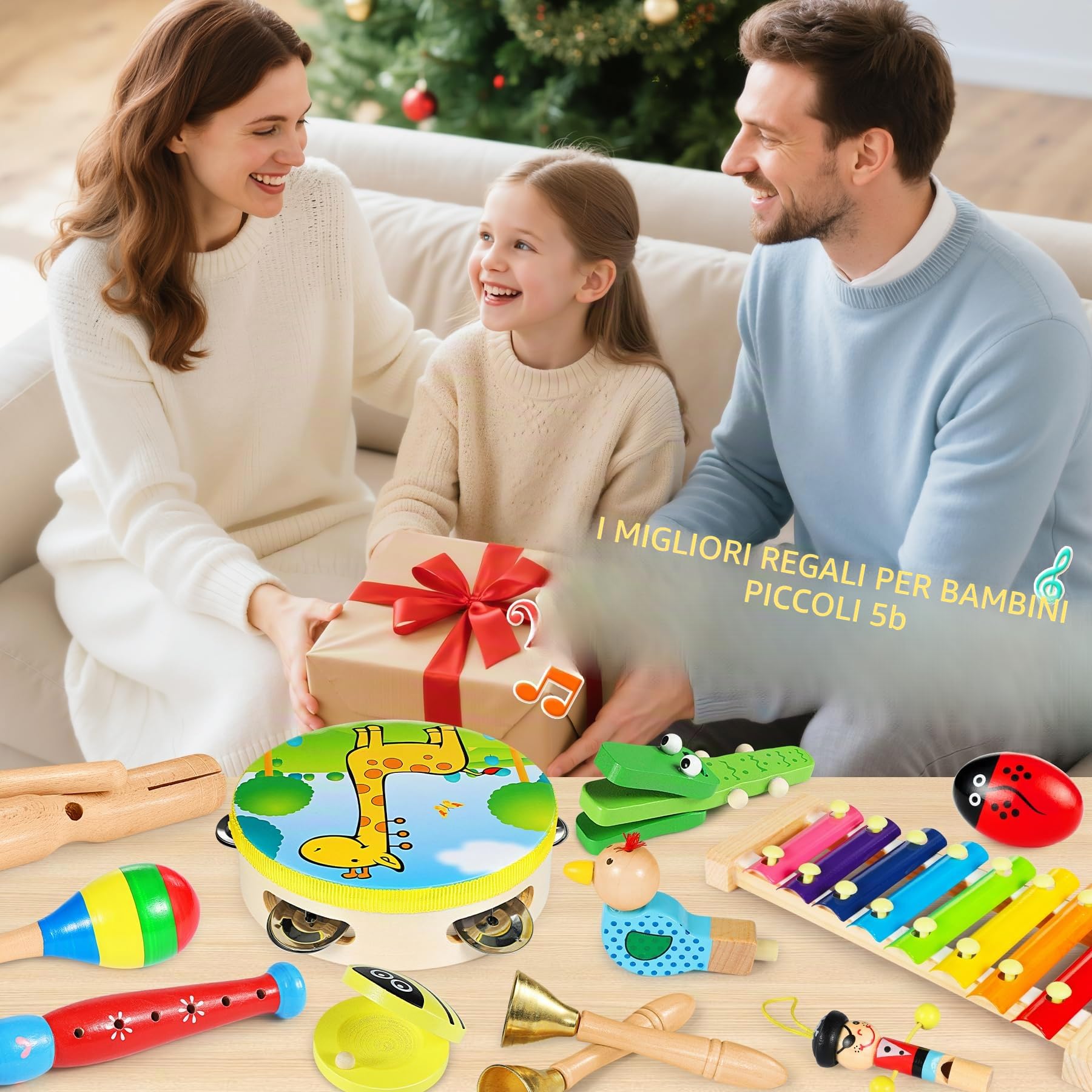 Strumenti Musicali, 24 Pezzi Percussioni con Borsa, Tamburo Perline Oceaniche, Compleanni Musicali, Creativi ed Educativi e Regali di Natale per Bambini 3+