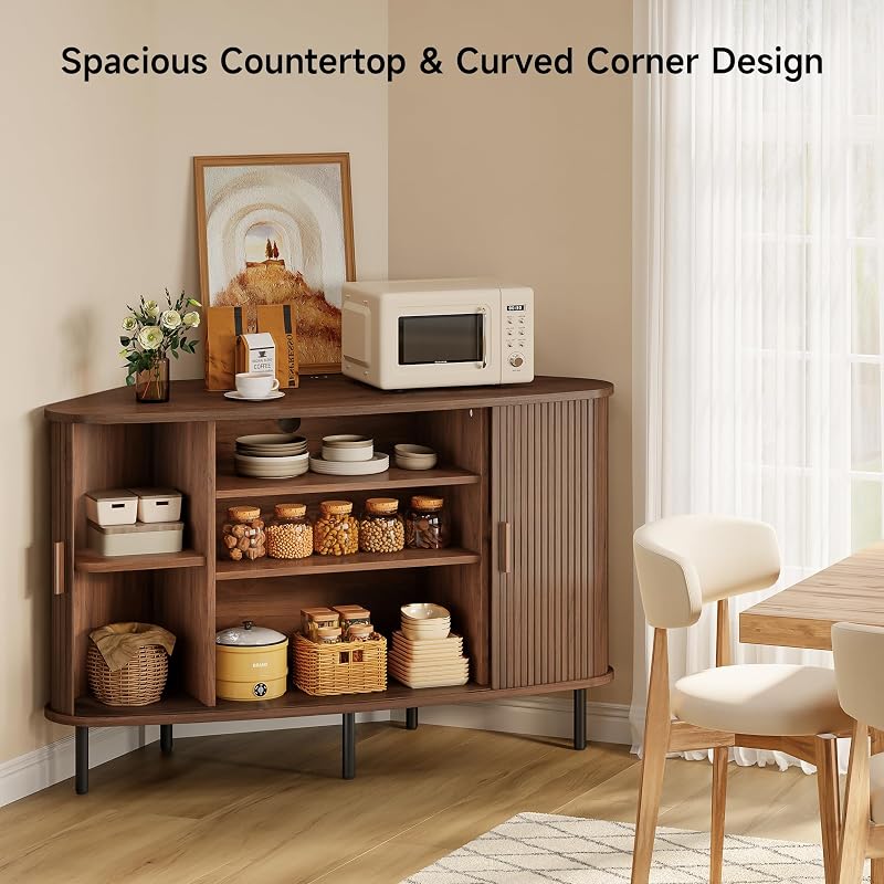 ComfyCorner 47" Corner TV Stand, Corner Cabinet with Sliding Door, Walnut image 3