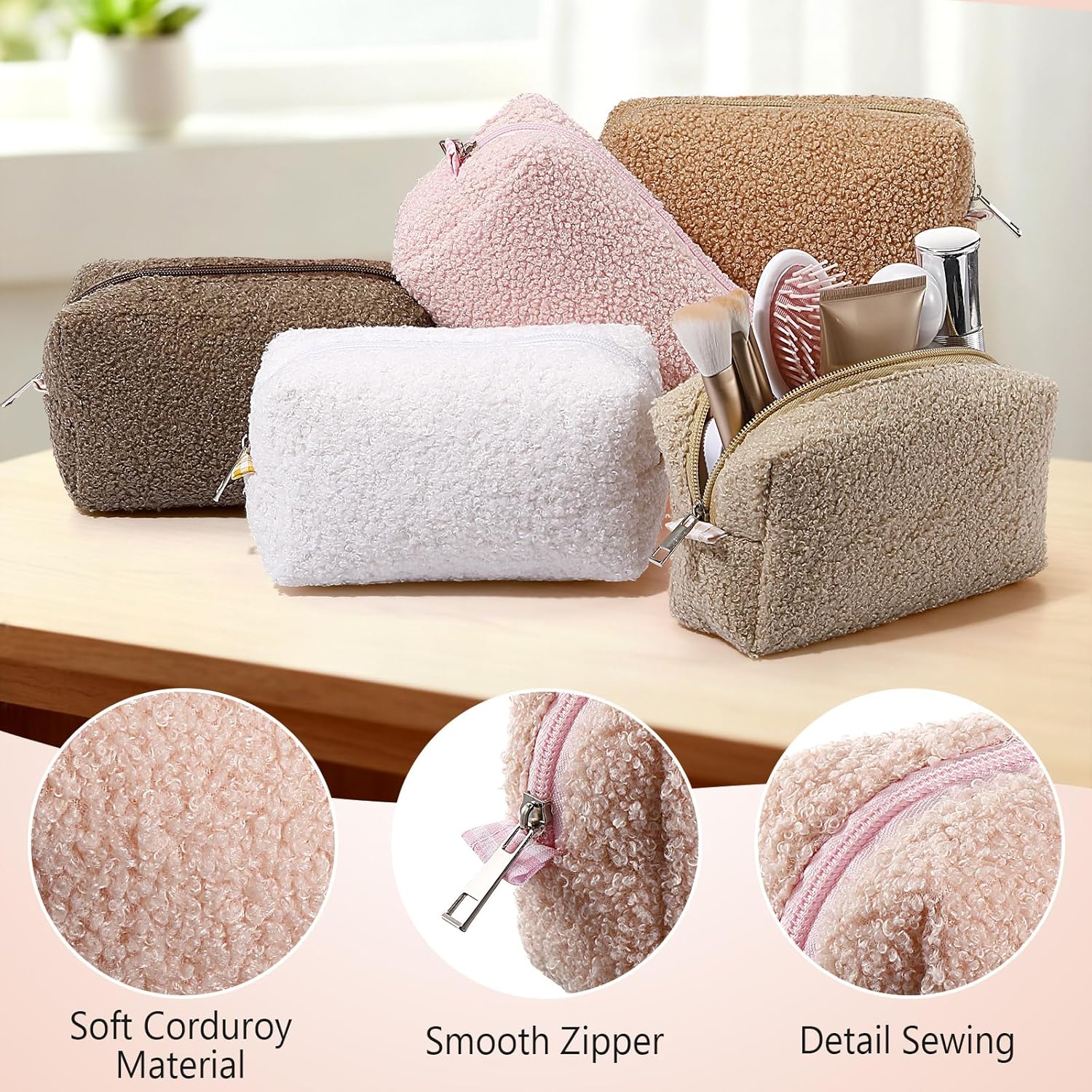 Paterr 10 Pcs Valentine Plush Makeup Bag Bulk Gift for Women Coworkers Preppy Fleece Makeup Pouch Cosmetic Bag Fuzzy Zipper Travel Toiletry Pouch for Wedding Bachelorette(Classic Color)