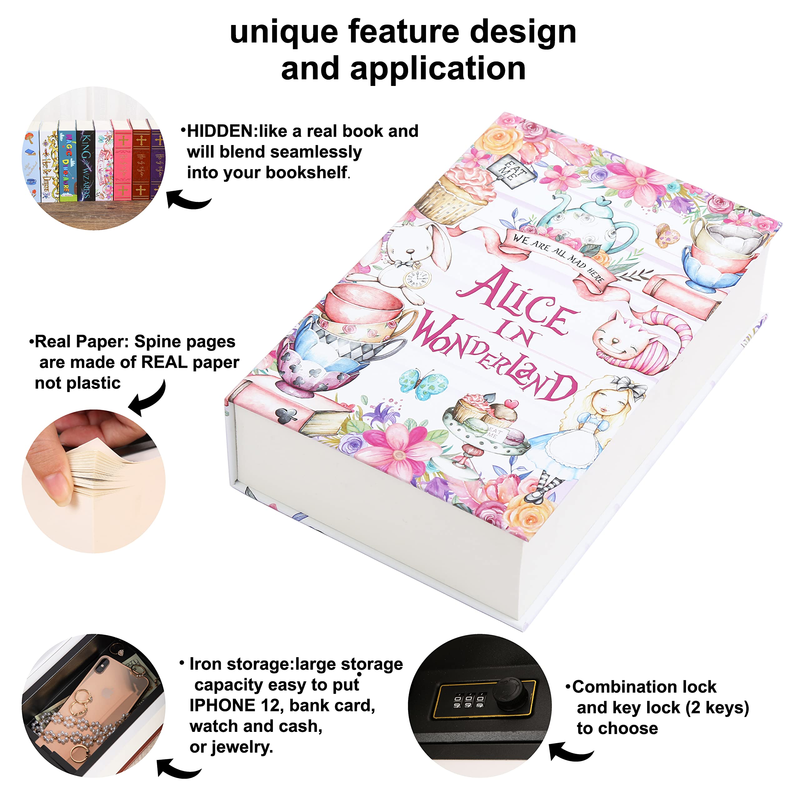 ALICE Diversion Book Cassaforte con pagine reali, scatola di chiusura a combinazione, cassetta di sicurezza nascosta segreta con serratura a chiave, cassetta di sicurezza portatile in metallo