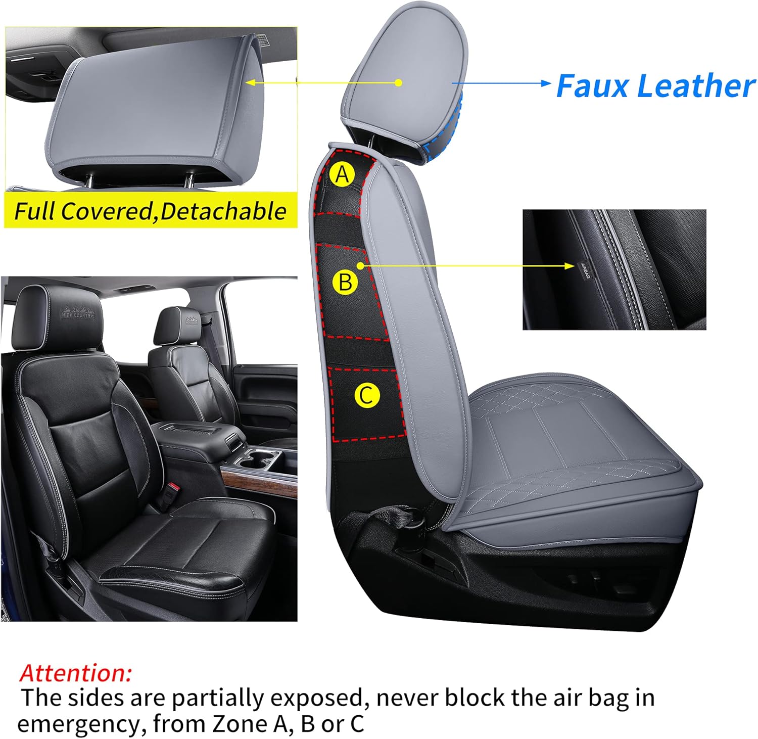 LUCKYMAN CLUB Chevy Silverado/Sierra X04-S3 Front Seat Cover, Fit 2007-2026 1500/2500HD/3500HD Crew, Regular, Double/Extended Cab with Water Resistant FauxLeather (Front only, Gray)