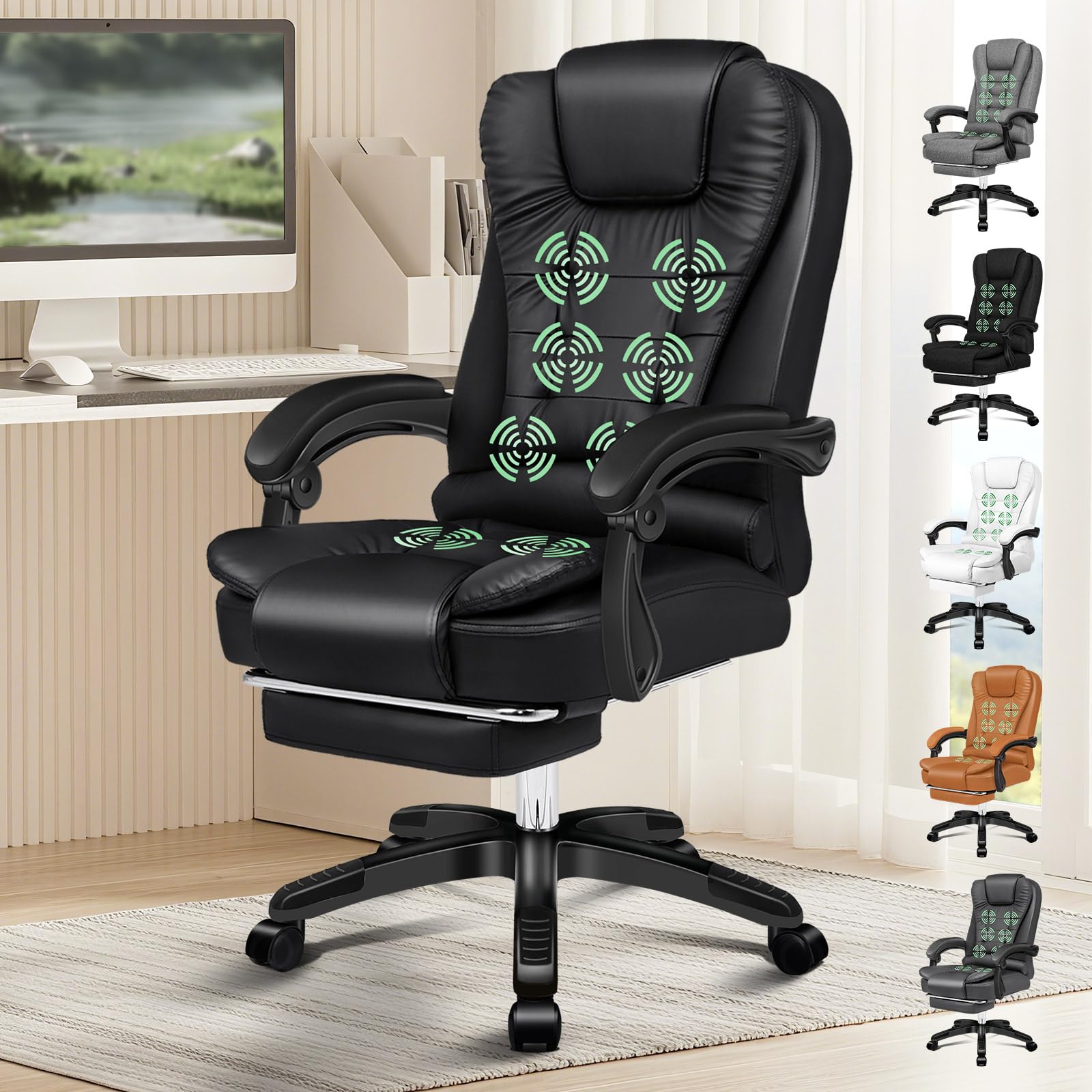 ELFORDSON Executive Office Chair with 8-Point Massage & Seat Heated, Home PC Gaming Chairs with Footrest, High Back 150° Reclining Executive Desk Chair with Padded Armrest, PU Leather, Black