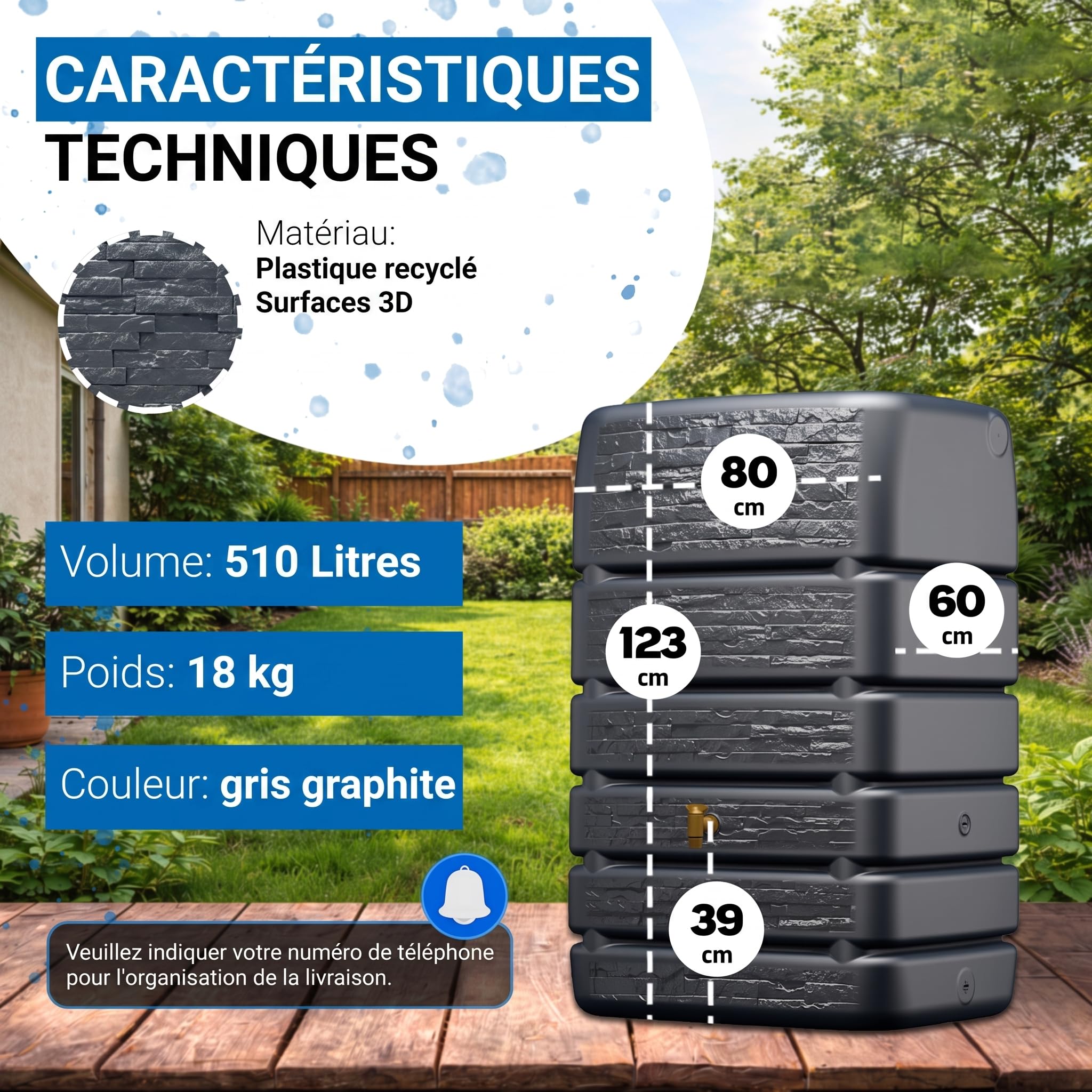 4rain Cuve Murale Recuperateur d Eau de Pluie, 510 L, Gris Graphit | Slim Stone Decor, décorative pour Jardin, Collecteur d’Eau, Design Robuste avec Robinet