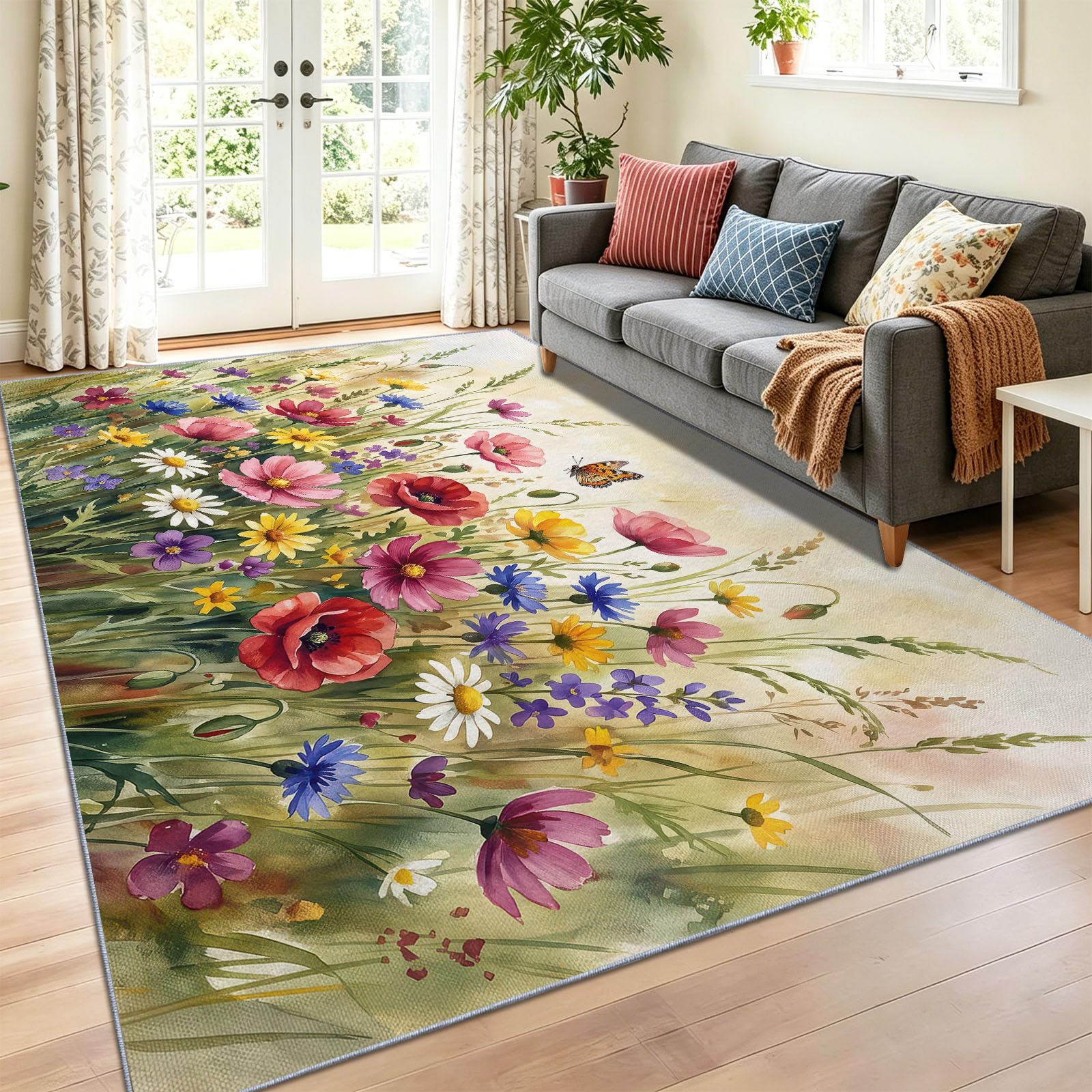 Aquarelle Peinture À Lhuile Tapis Lavable en Machine 140 x 200 cm, avec Couche antidérapante TPR, Poils Courts Champêtre Herbes Sauvages Marguerite Papillon Tapis, pour Chambre Salon, Multicolore