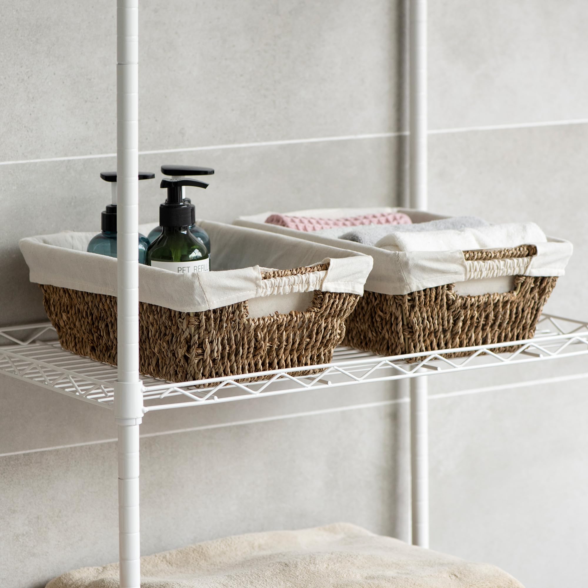 Cestas de almacenamiento de mimbre con forros, cestas de almacenamiento de junco marino con asas integradas, cestas tejidas a mano, cajas de almacenamiento para ropa, tocador, baño, estantes,