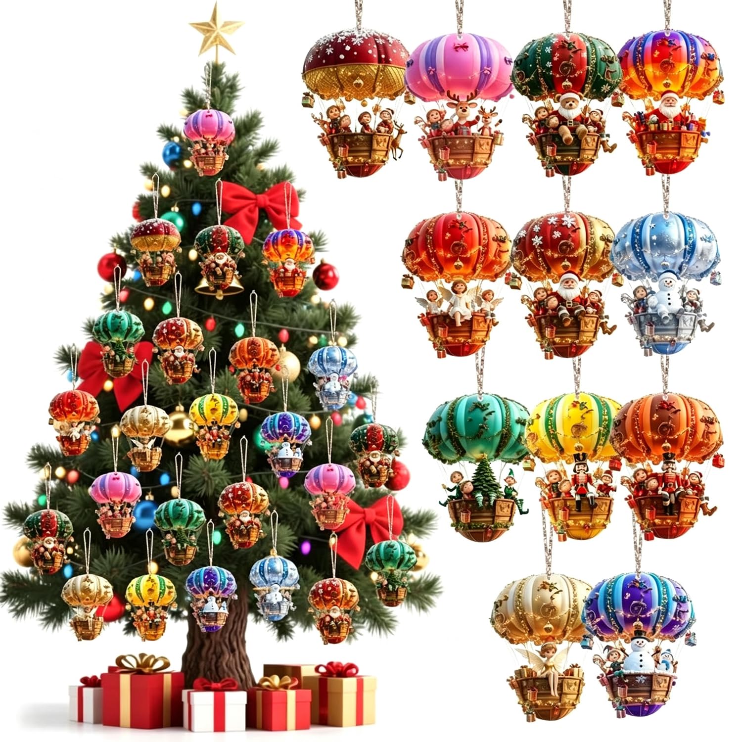 Christmas Ornaments 12xSanta Claus Hot Air Balloon Wooden Hanging Ornaments