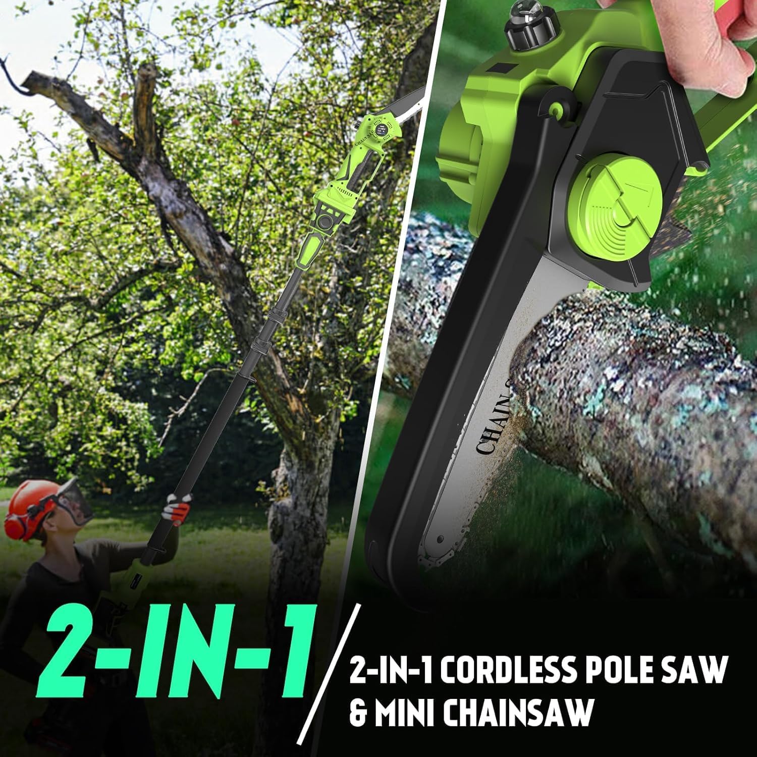 2-in-1 Cordless Pole Saw 8 Inch&Mini Chainsaw, 2× 21V 4.0Ah Batteries, 15ft Max Reach, Electric Pole Chainsaw for Tree Trimming Branch Cutting, Brushless Motor, Extending Pole - Image 3