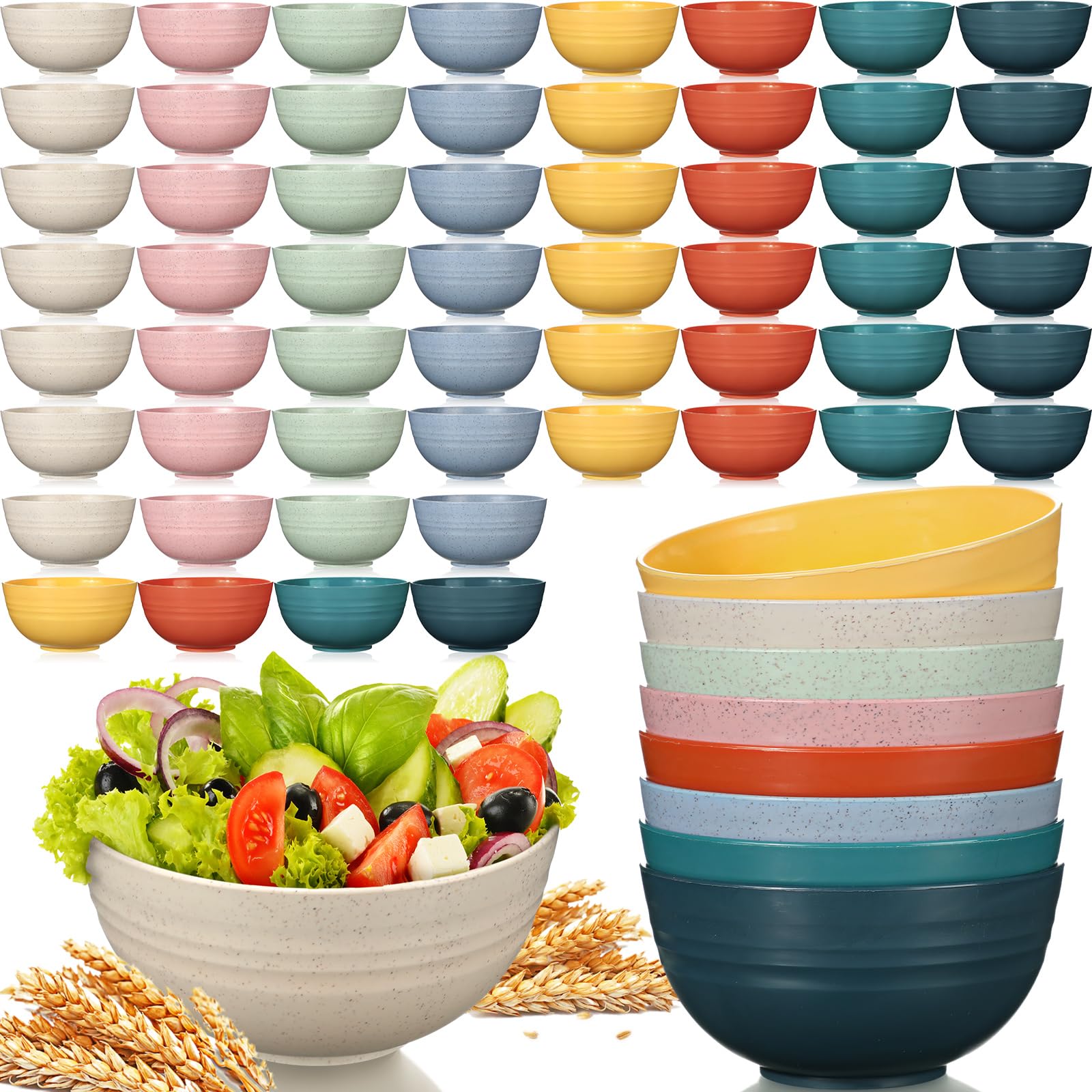 Gejoy 64 Pcs Unbreakable Cereal Bowls Reusable Wheat Straw Bowls Microwave and Dishwasher Safe