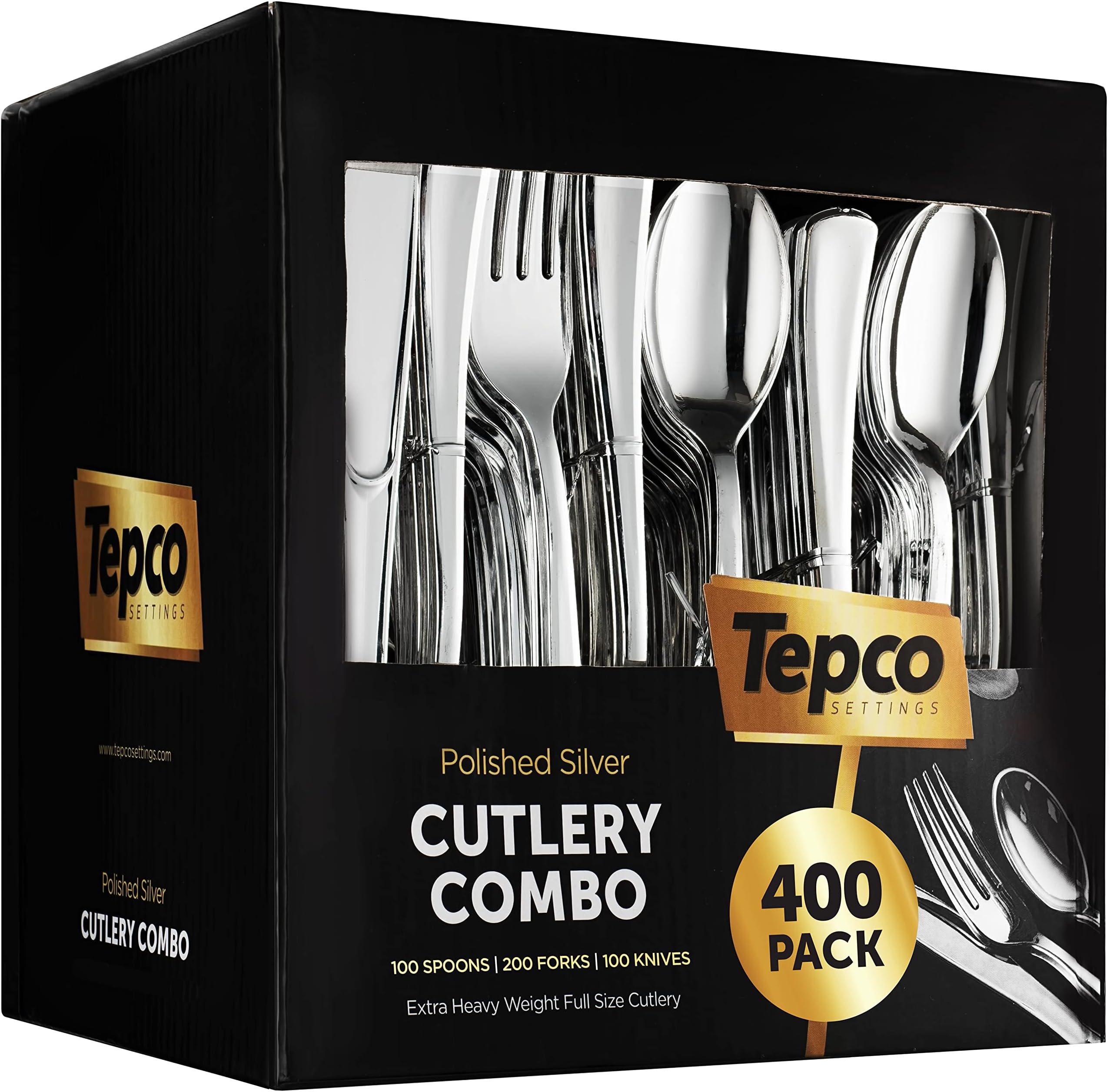 400 Plastic Silverware Set - Silver Cutlery Set - Disposable Flatware Set - 200 Forks - 100 Spoons - 100 Knives - Heavy Duty - Party Bulk